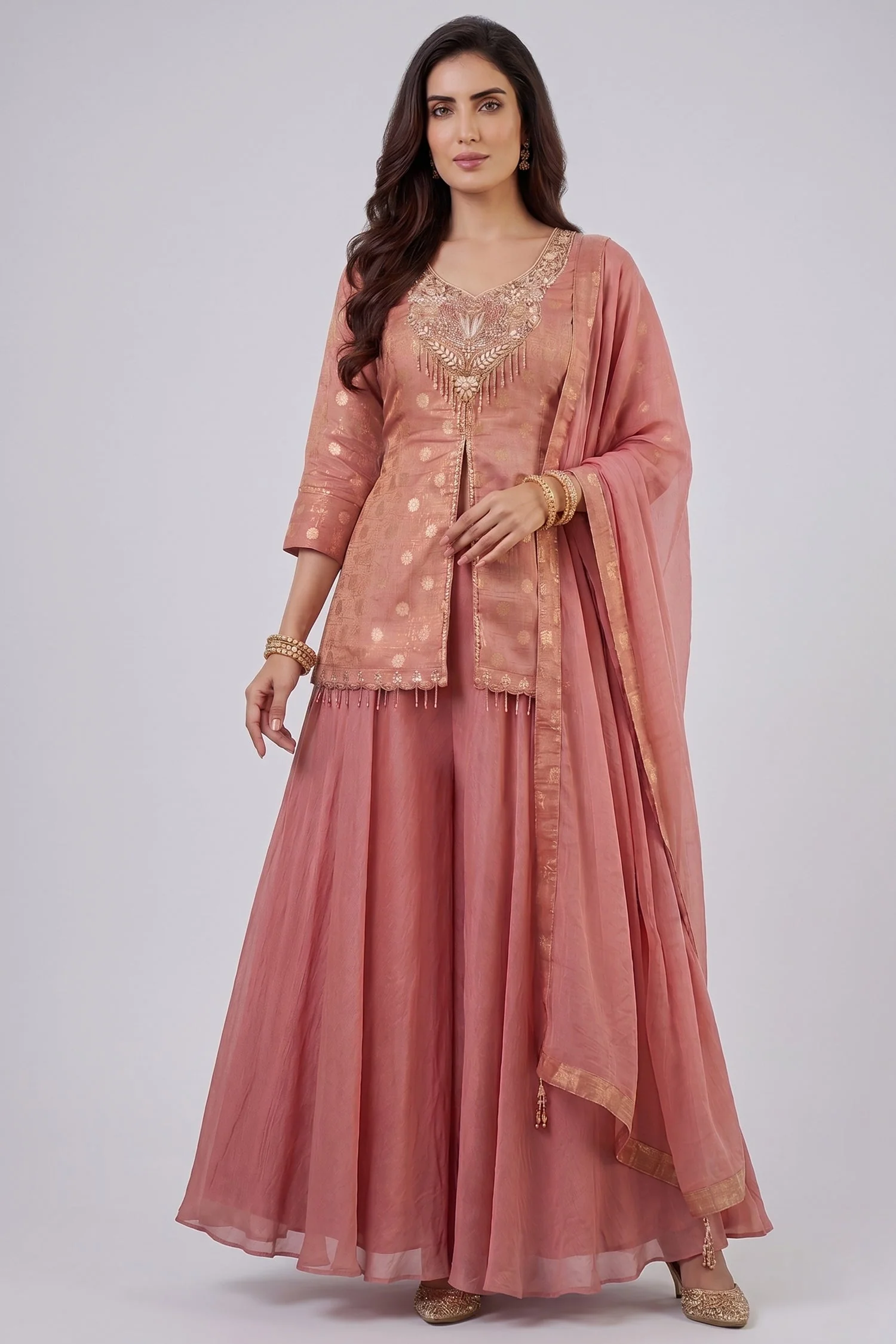 Dusty Peach Chinon Silk Woven and Mirror Worked Palazzo Suit