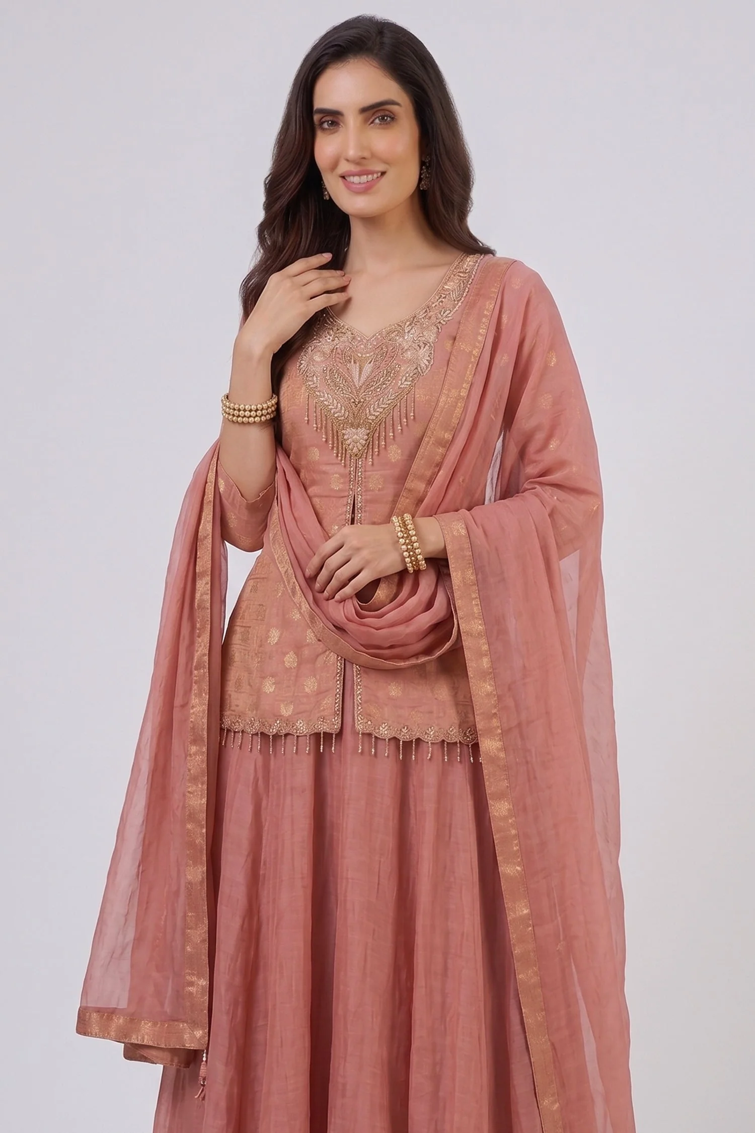 Dusty Peach Chinon Silk Woven and Mirror Worked Palazzo Suit - Image 2