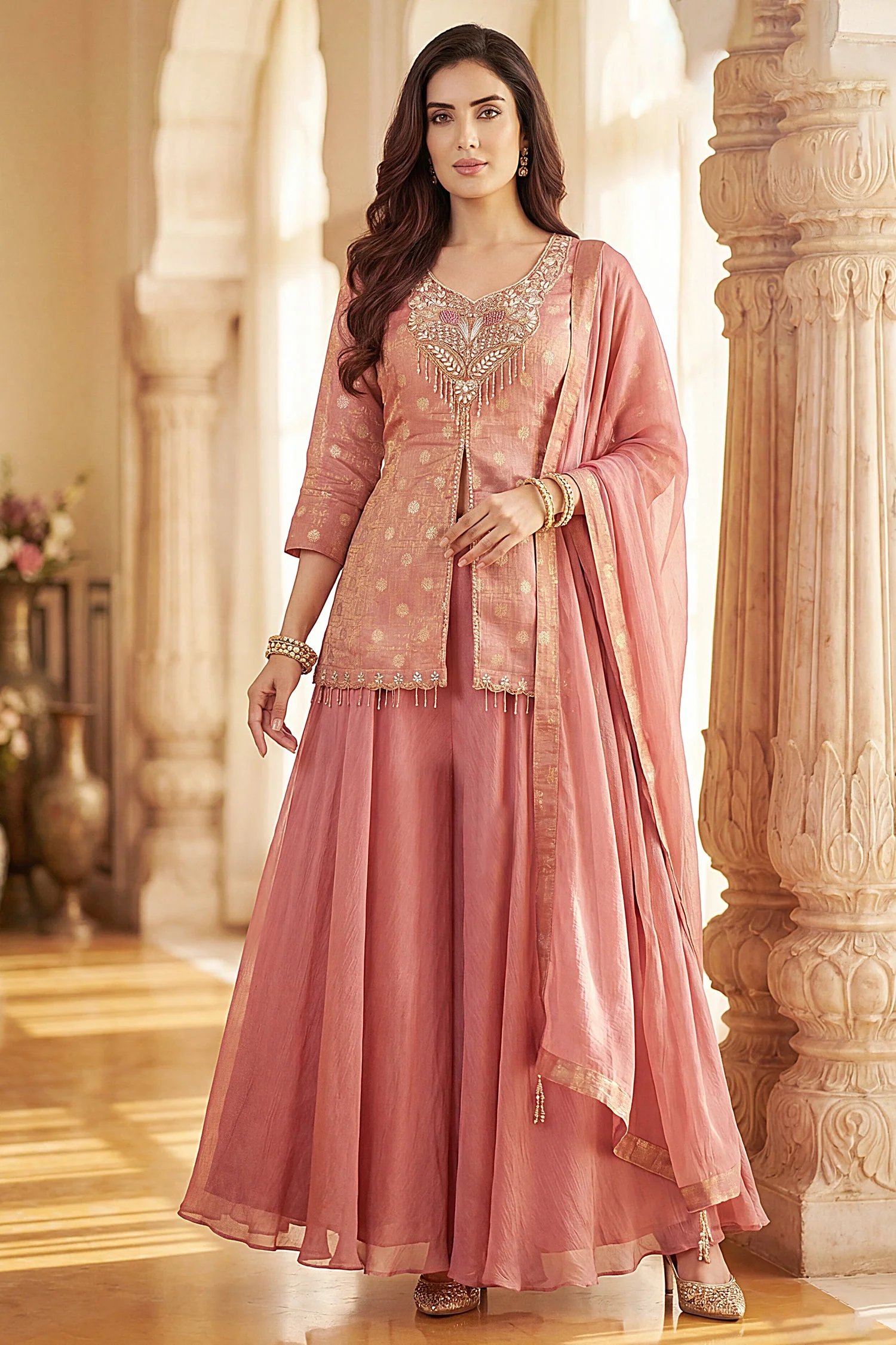 Dusty Peach Chinon Silk Woven and Mirror Worked Palazzo Suit - Image 3
