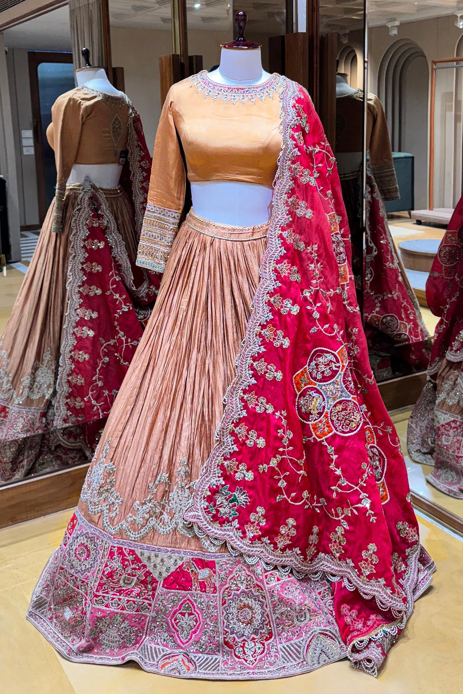 Dusty Peach Crush Silk Patch Work Designer Lehenga with Jewel Neck Blouse - Image 2