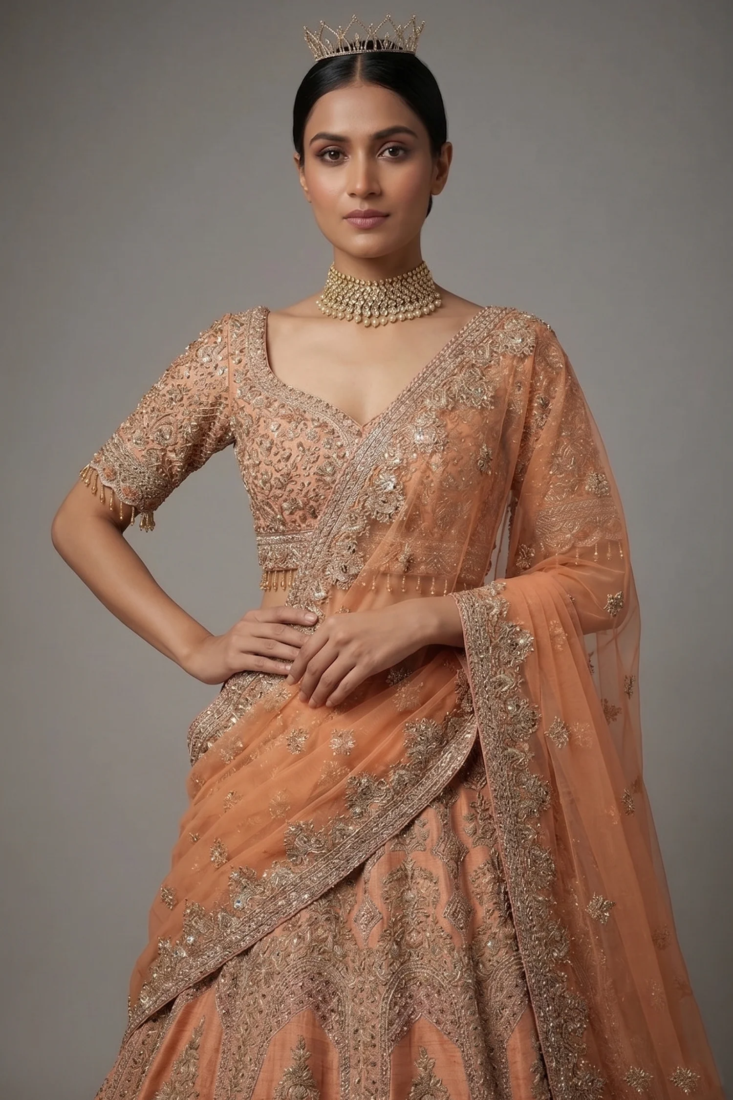 Dusty Peach Tissue Designer Zardosi and Sequin Cutdana Embellished Work Lehenga - Image 2