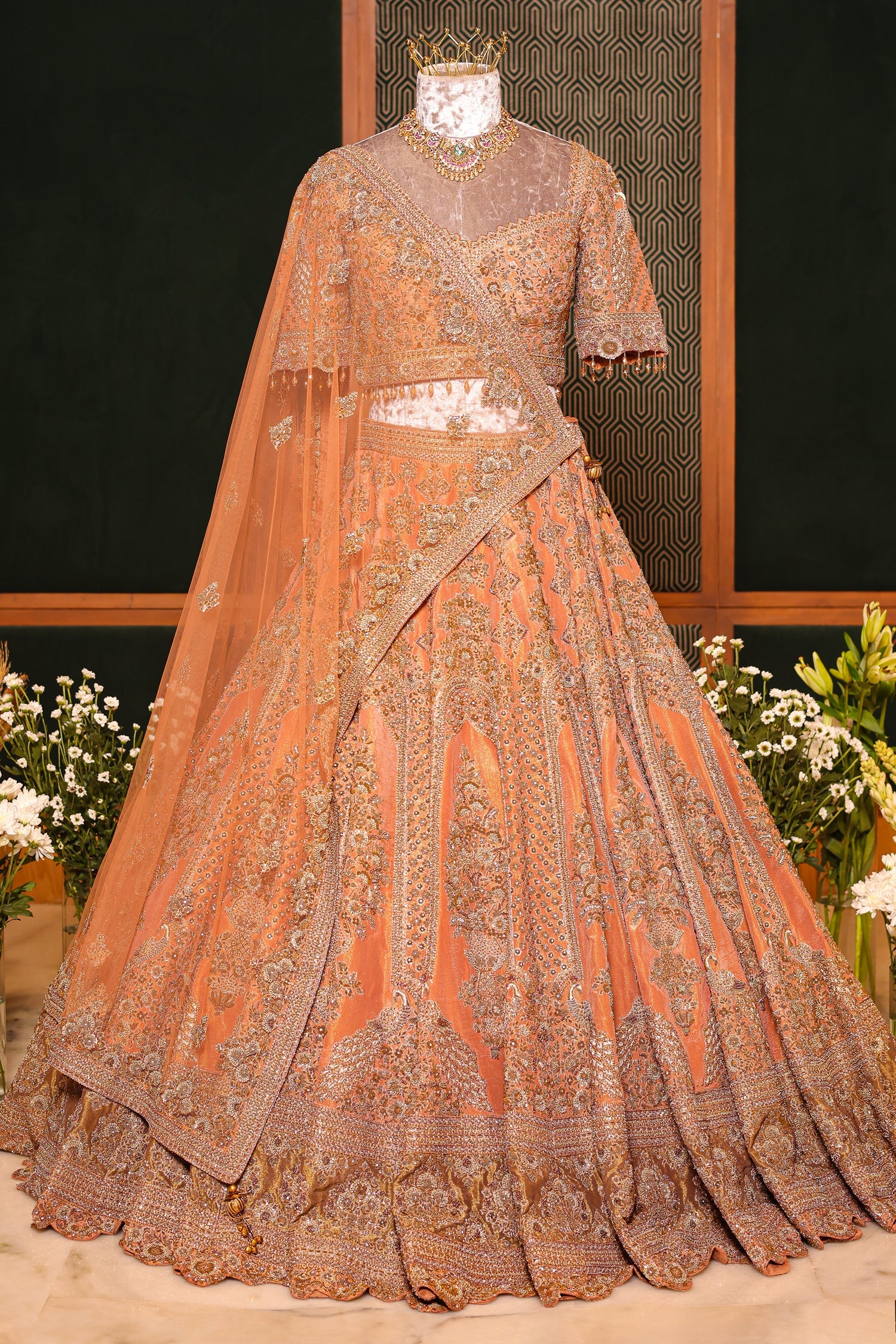 Dusty Peach Tissue Designer Zardosi and Sequin Cutdana Embellished Work Lehenga - Image 3