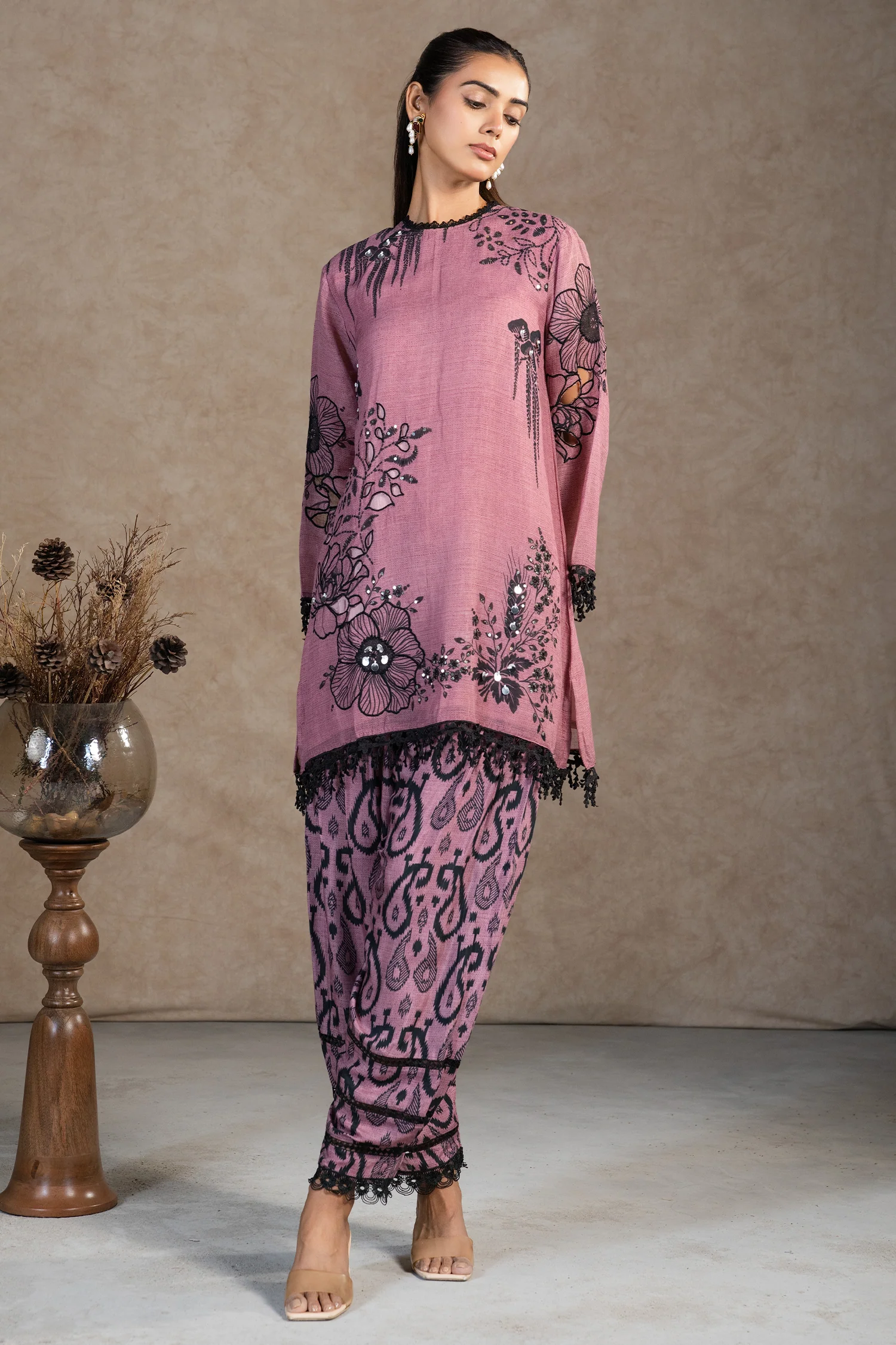 Dusty Pink Linen Floral Printed Co-Ord Set - Image 2