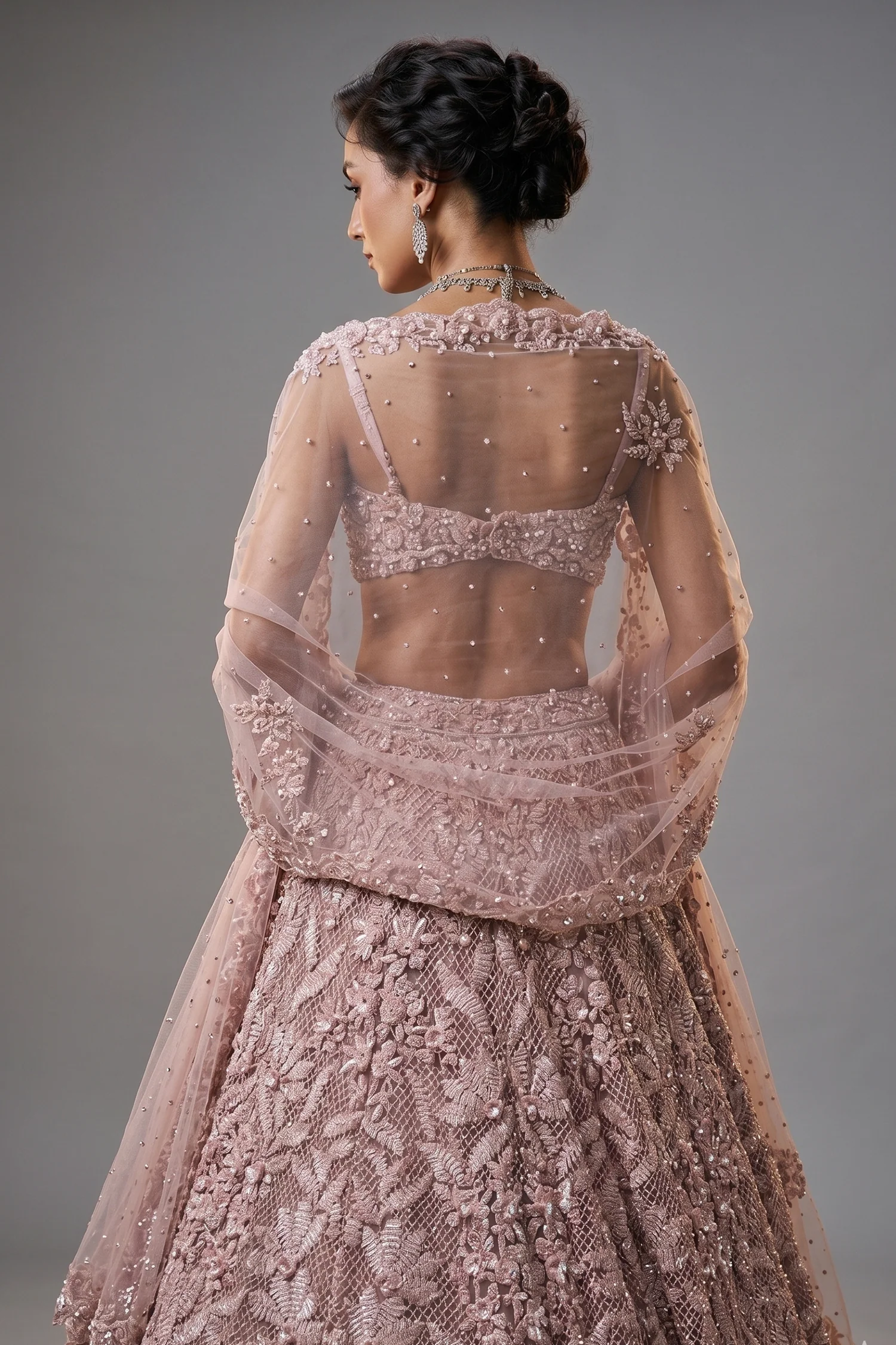 Dusty Pink Net Designer Sequin Beaded Lehenga with One Shoulder Blouse and Cape Dupatta - Image 2