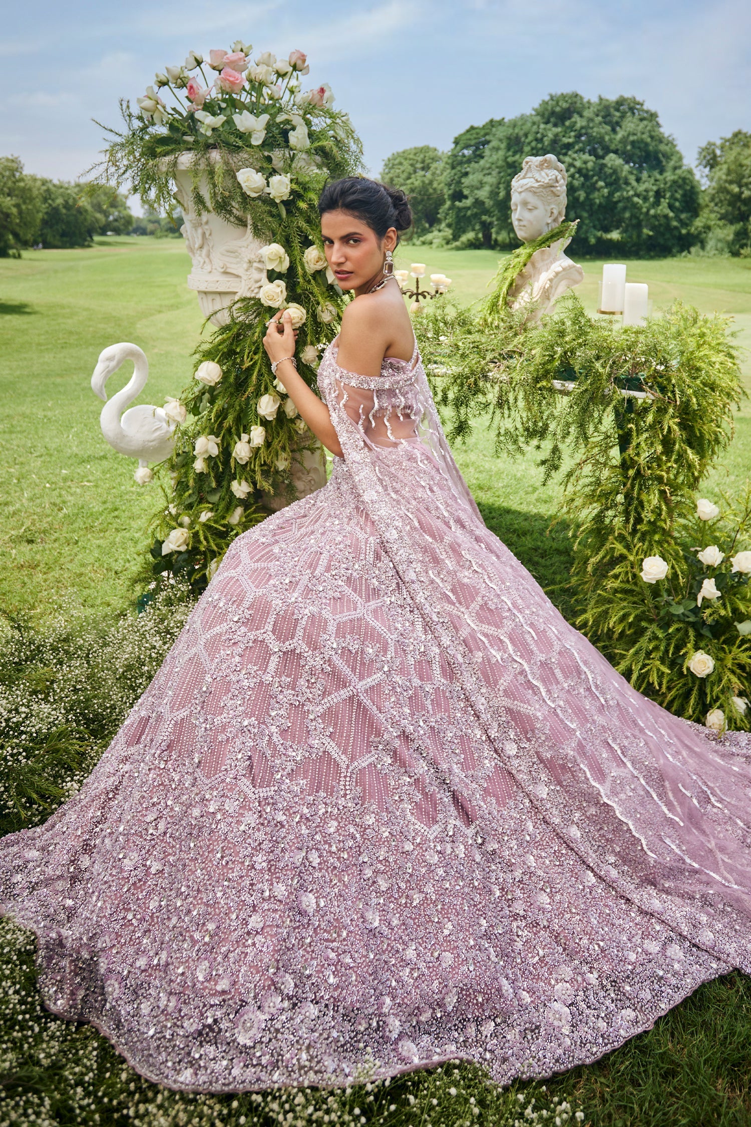 Dusty Pink Net Designer Sequin Beaded Lehenga with One Shoulder Blouse and Cape Dupatta - Image 3