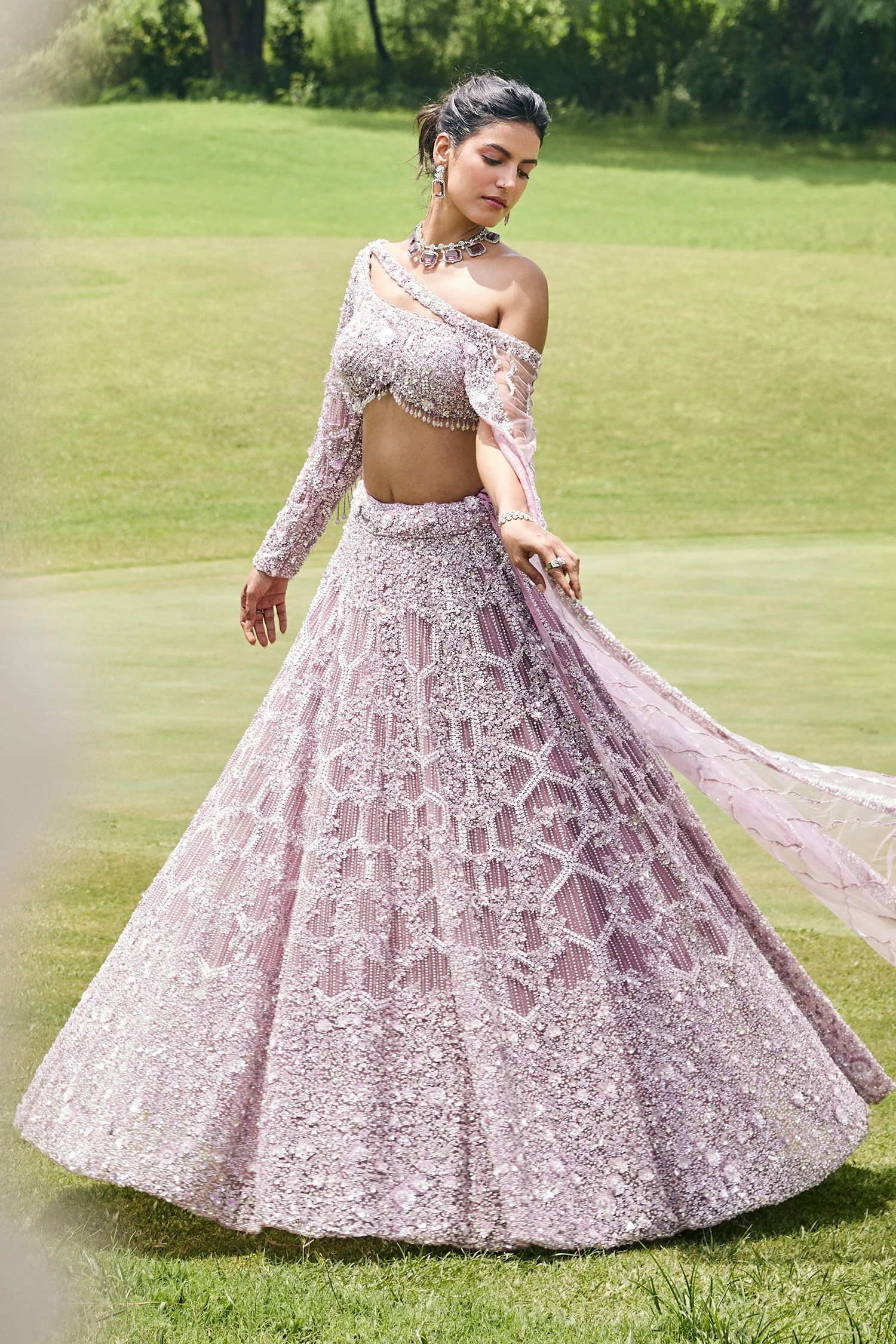 Dusty Pink Net Designer Sequin Beaded Lehenga with One Shoulder Blouse and Cape Dupatta - Image 4