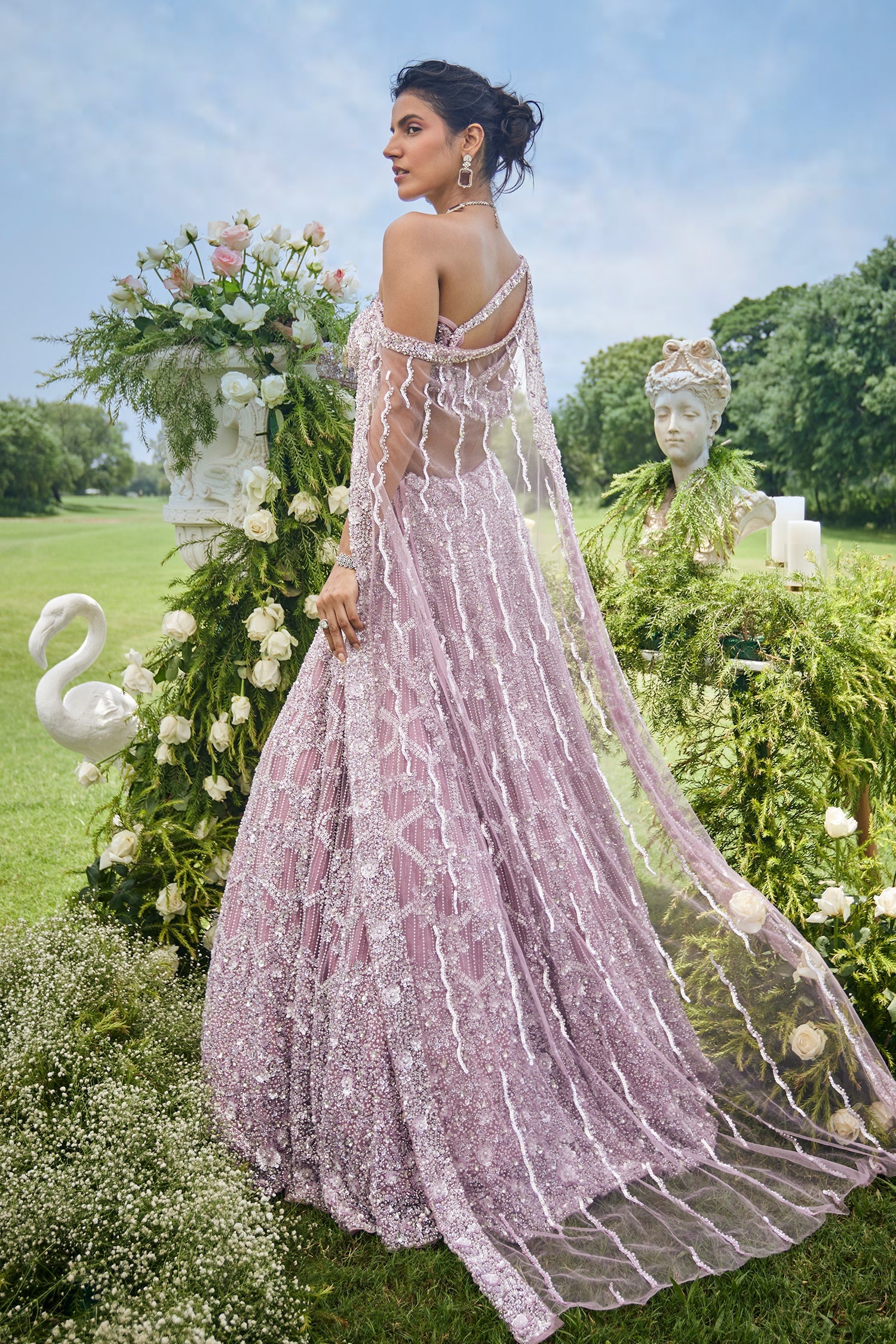 Dusty Pink Net Designer Sequin Beaded Lehenga with One Shoulder Blouse and Cape Dupatta - Image 5