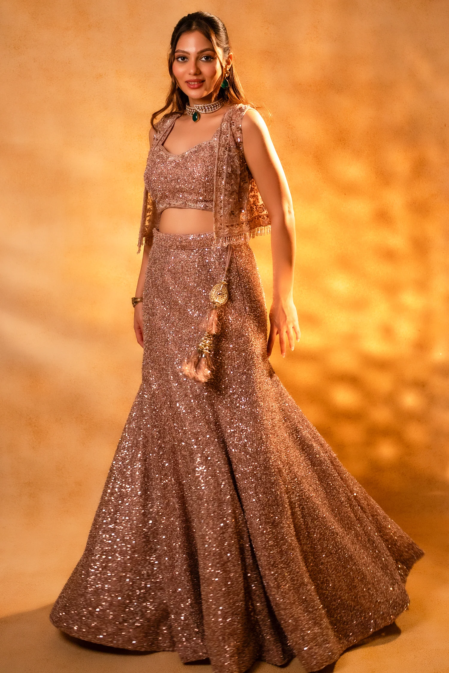 Dusty Pink Net Sequinned Designer Crop Top Fish Cut Lehenga with Short Jacket - Image 3