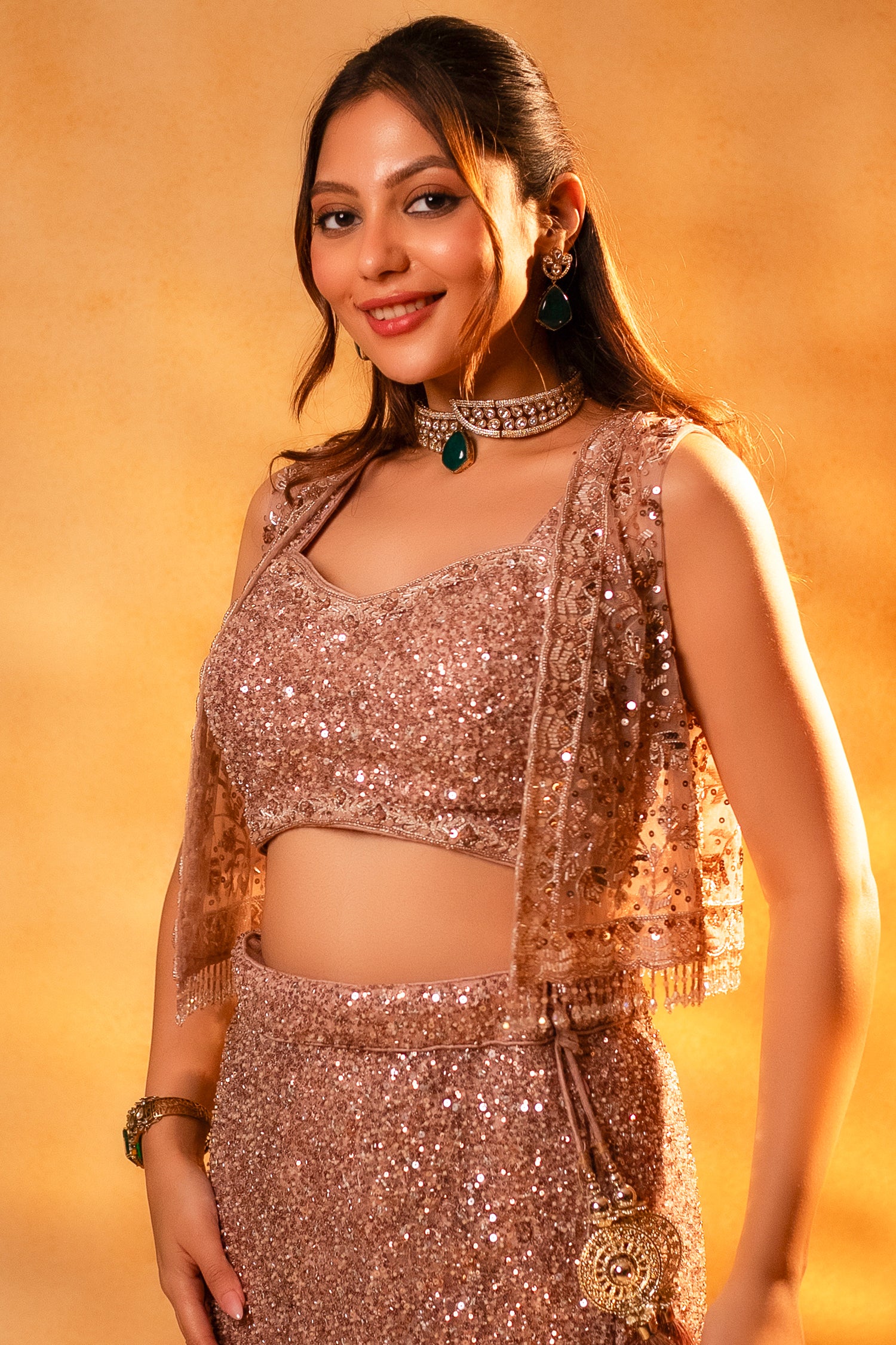 Dusty Pink Net Sequinned Designer Crop Top Fish Cut Lehenga with Short Jacket - Image 4