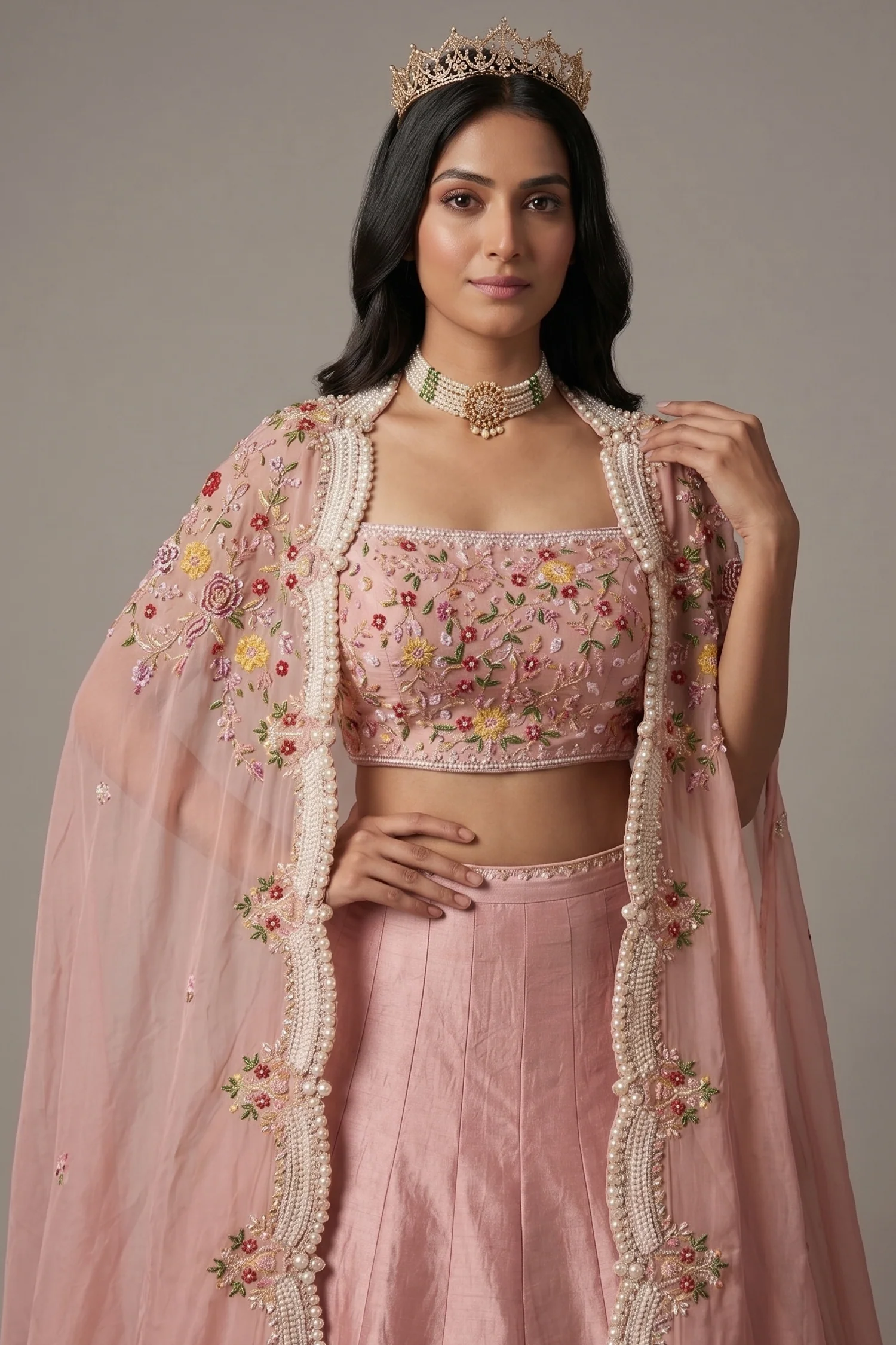 Dusty Pink Raw Silk Beaded Crop Top Lehenga with Shrug - Image 2
