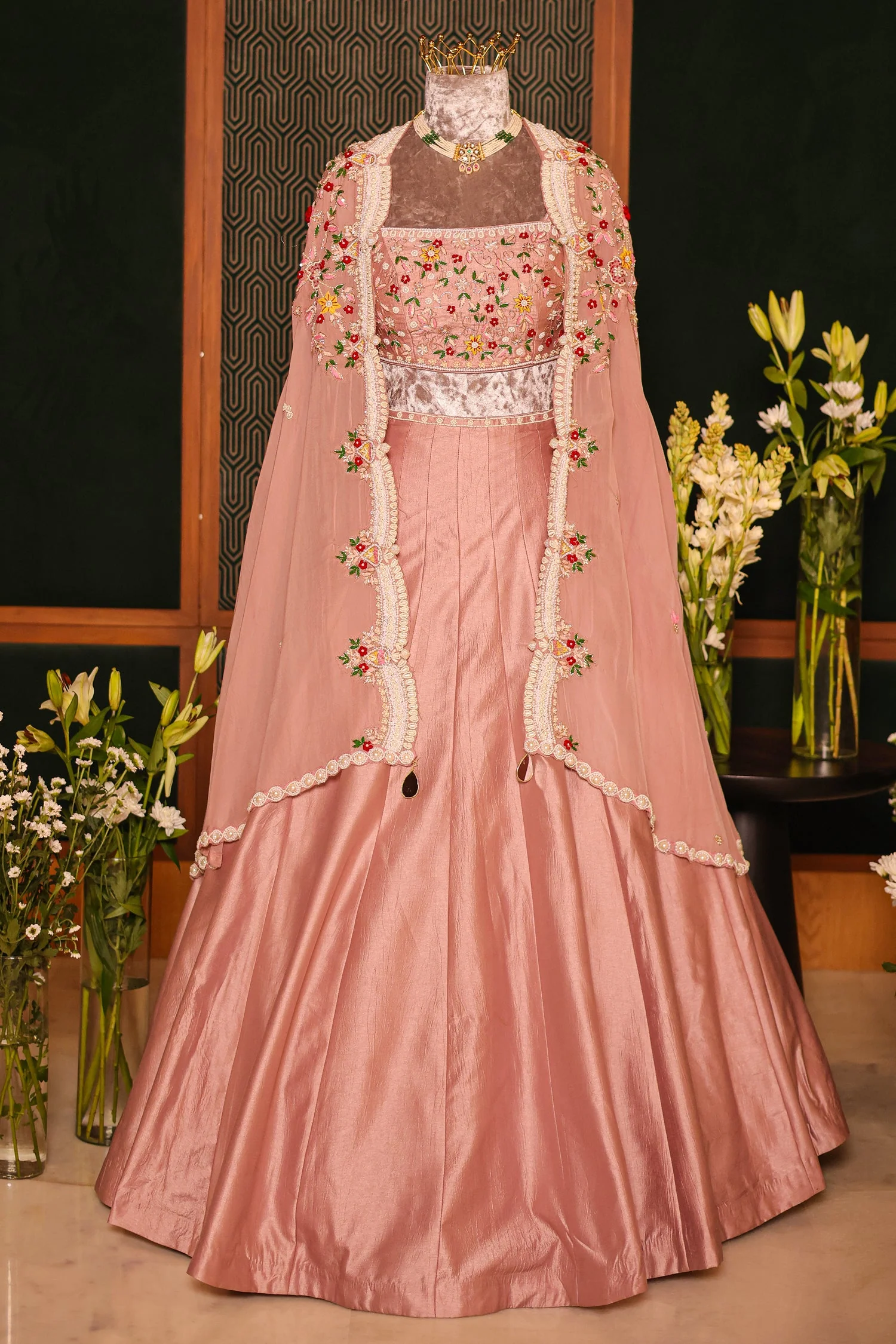 Dusty Pink Raw Silk Beaded Crop Top Lehenga with Shrug - Image 3