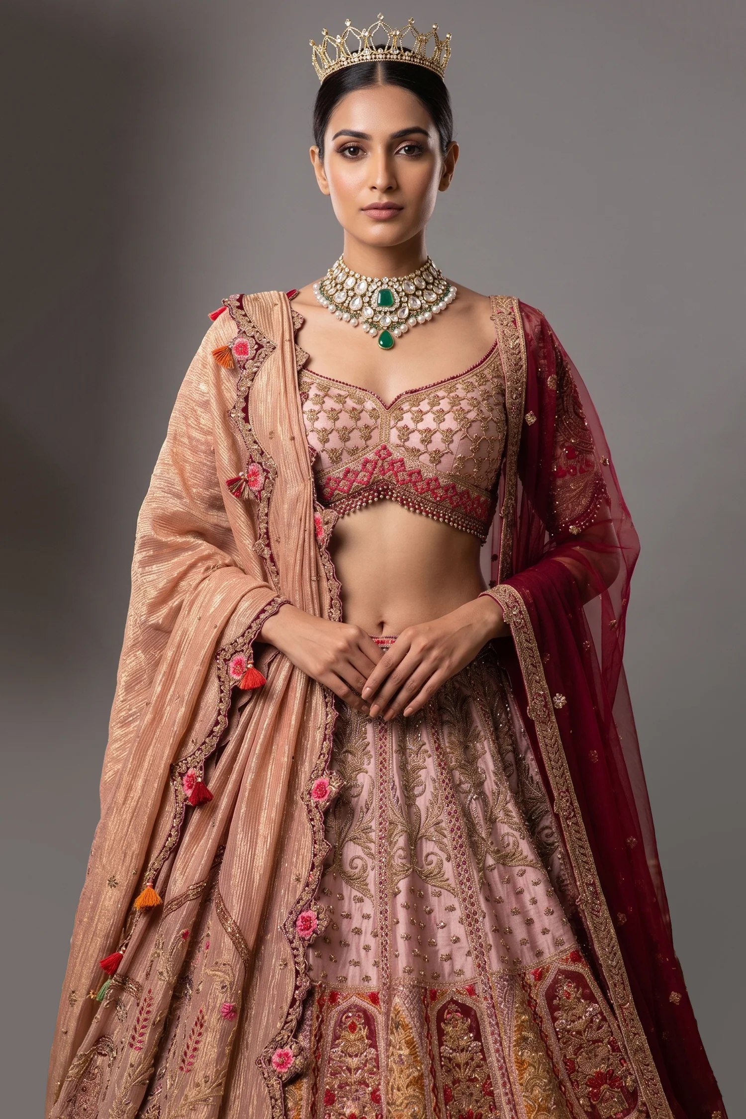 Dusty Pink Silk Zardosi and Velvet Patch Worked Lehenga with Double Dupatta - Image 2