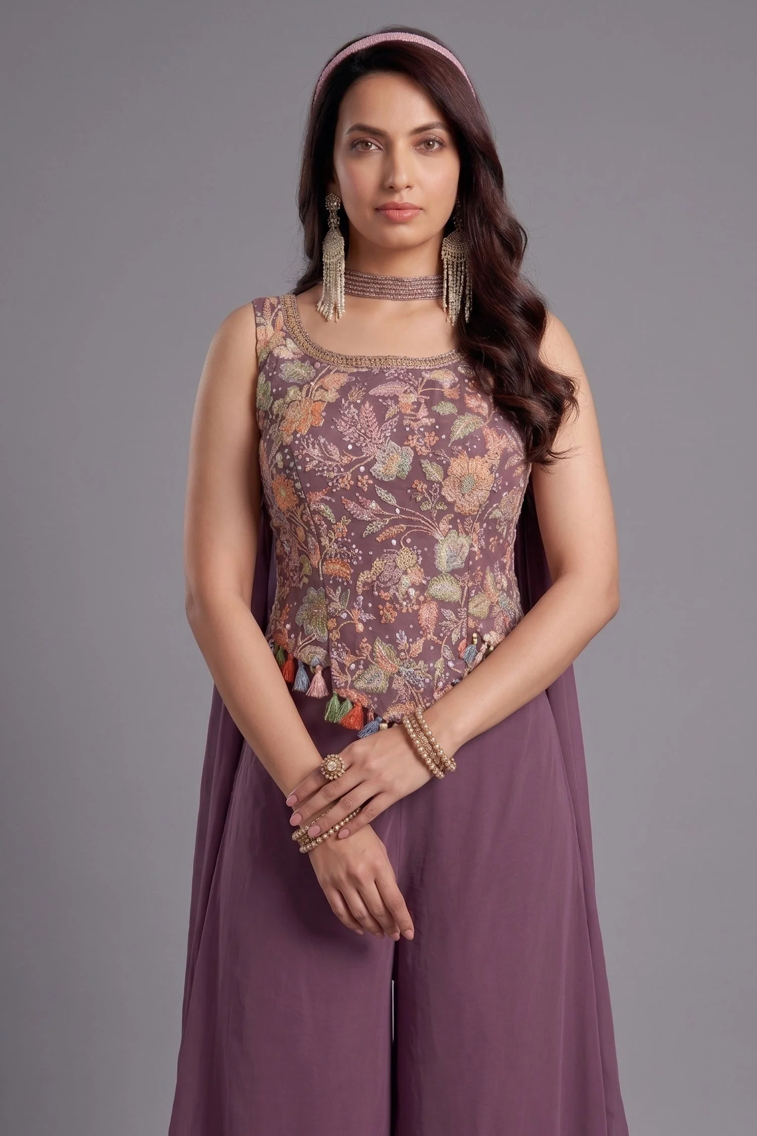 Dusty Plum Purple Crepe Silk Floral Printed Crop Top and Palazzo Set - Image 2