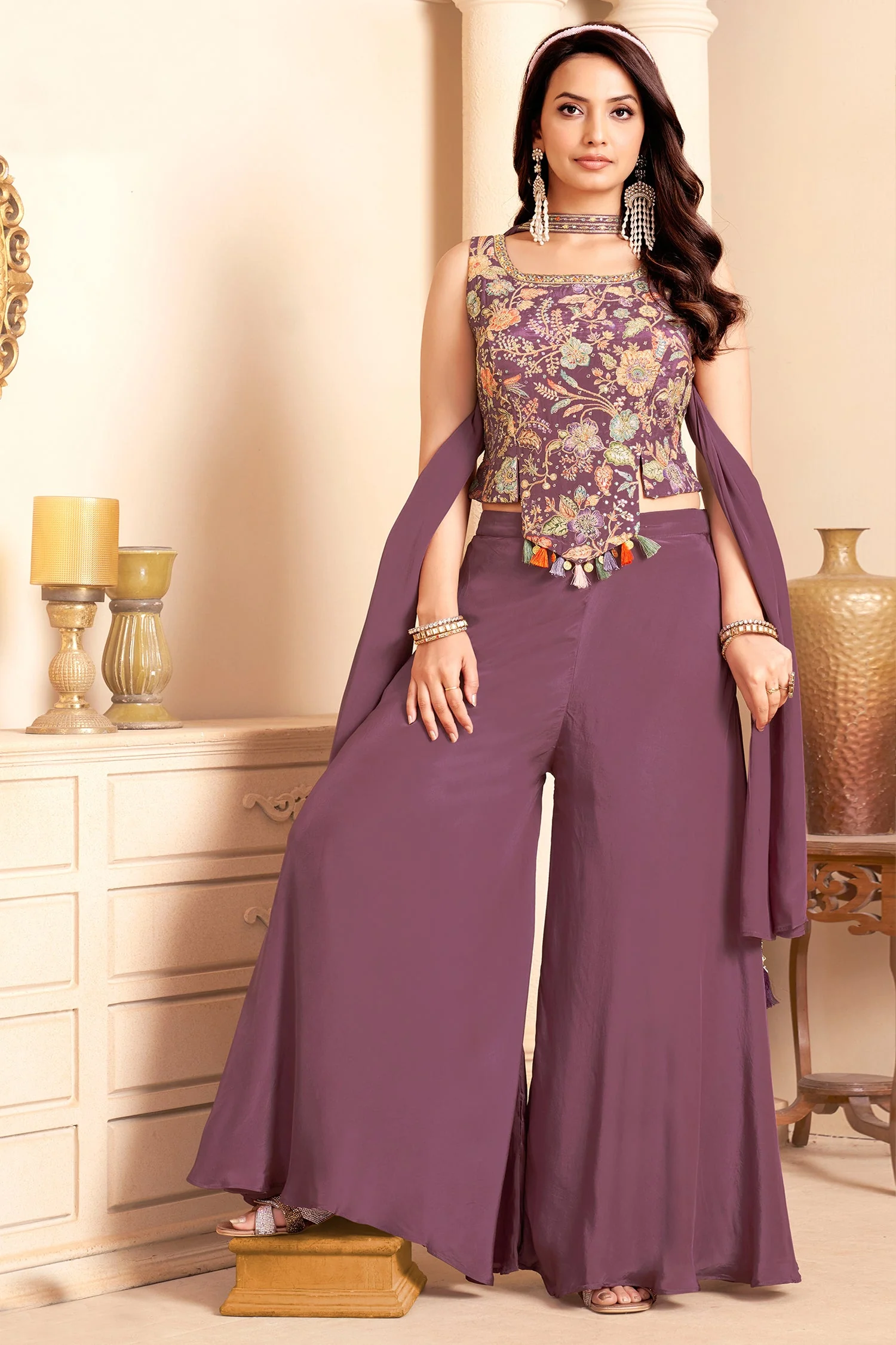 Dusty Plum Purple Crepe Silk Floral Printed Crop Top and Palazzo Set - Image 3