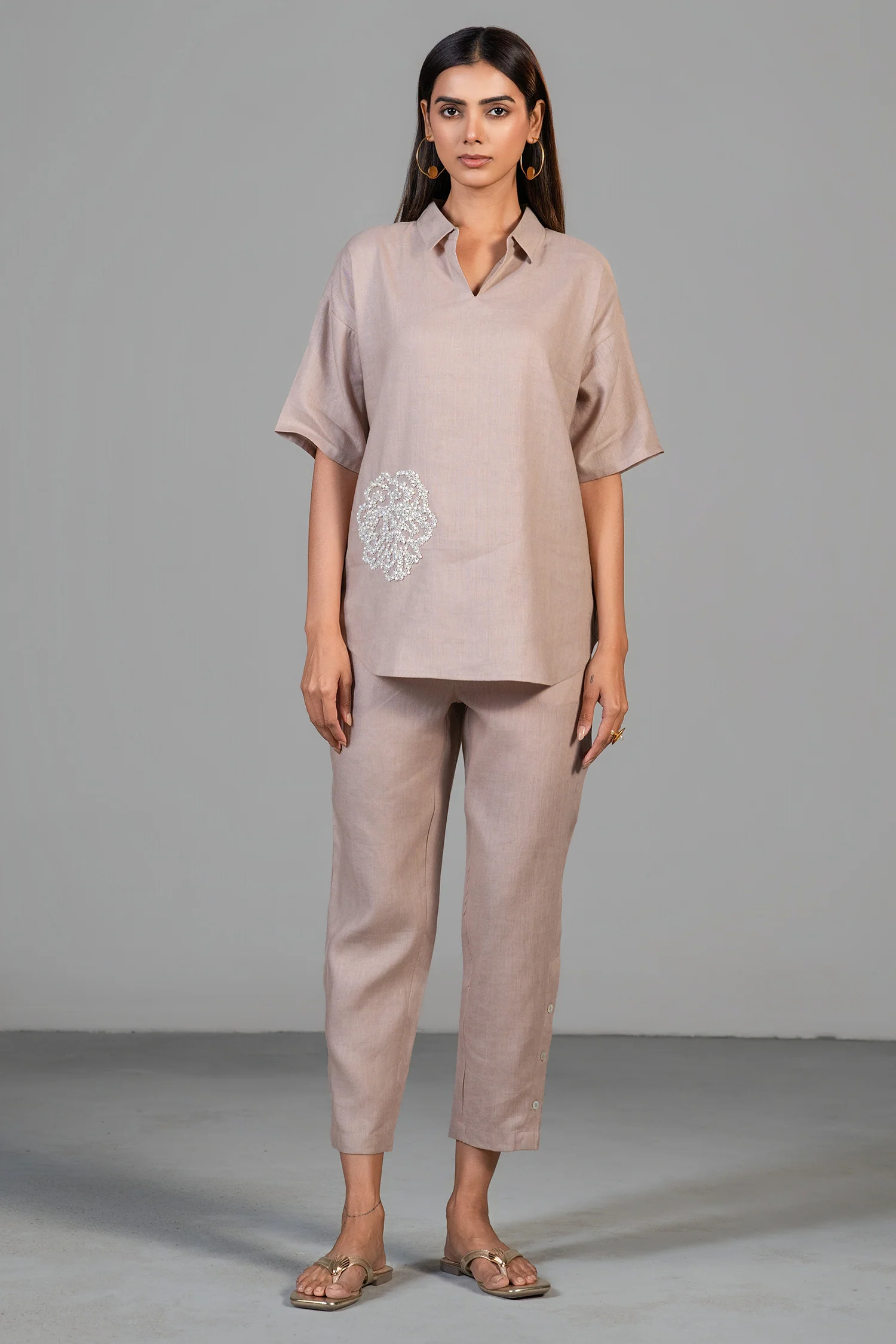 Dusty Rose Pink Linen Bead Work Co-Ord Set