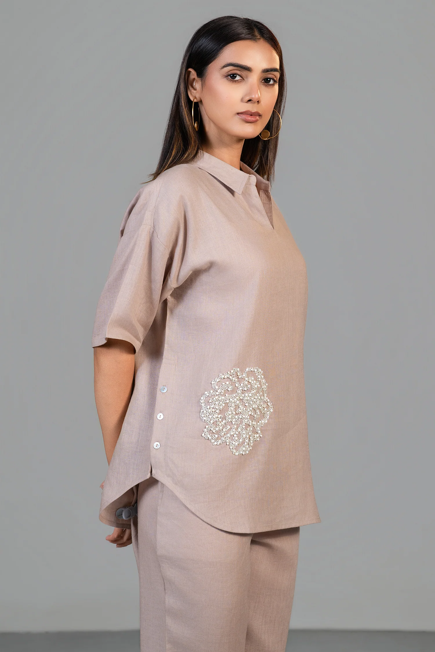 Dusty Rose Pink Linen Bead Work Co-Ord Set - Image 2