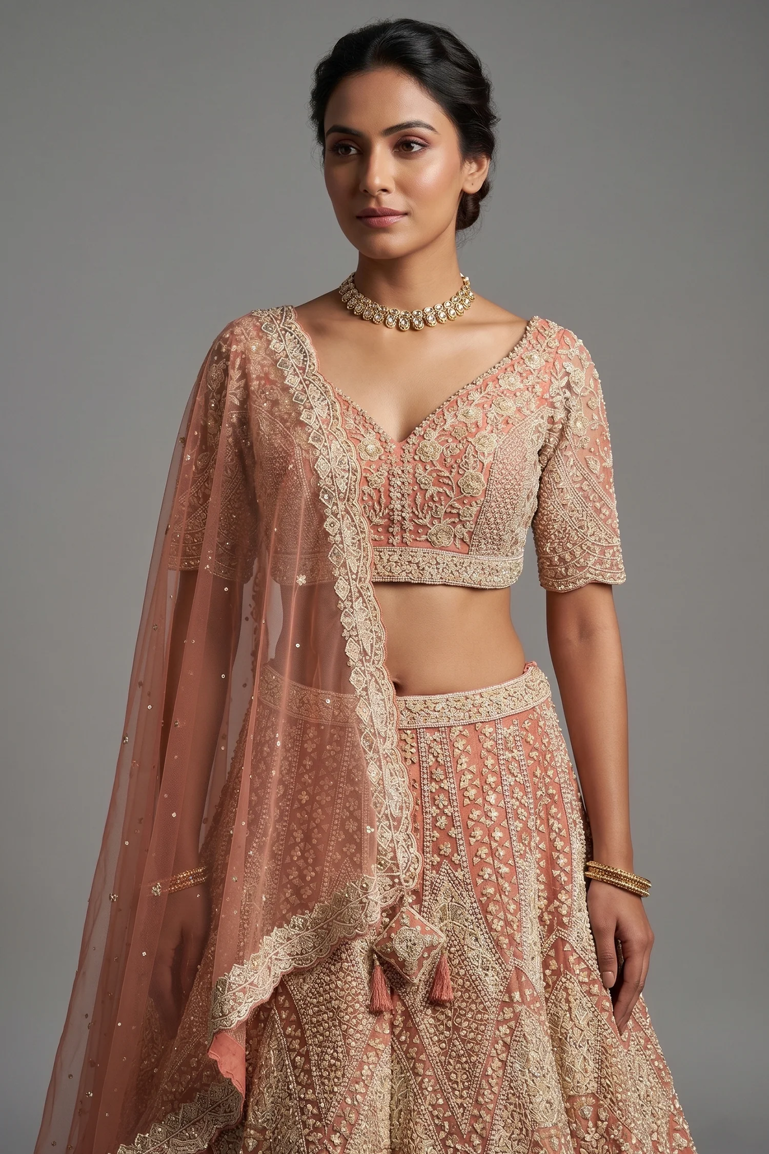 Dusty Rose Pink Net Designer Handoworked Lehenga - Image 2