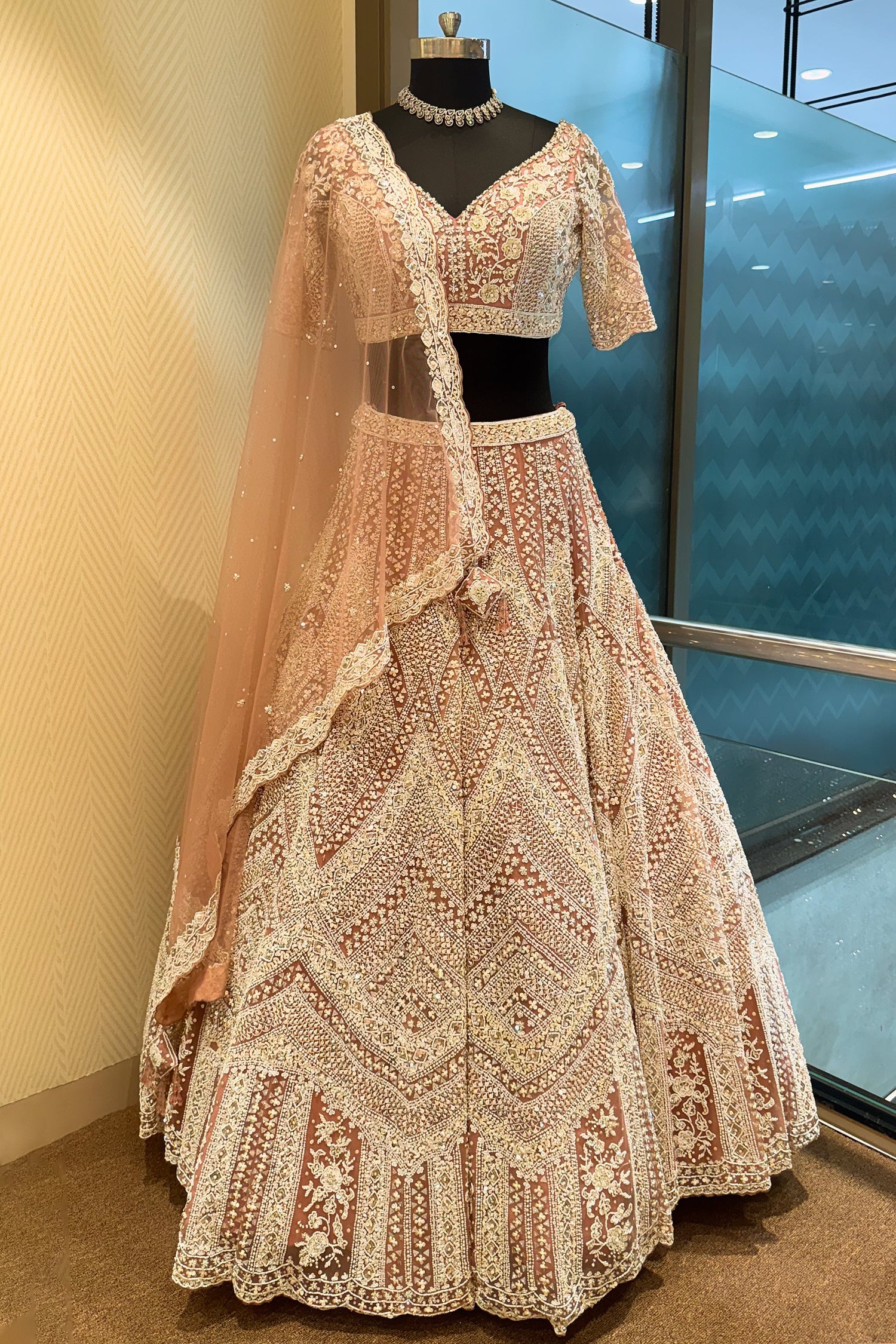 Dusty Rose Pink Net Designer Handoworked Lehenga - Image 3