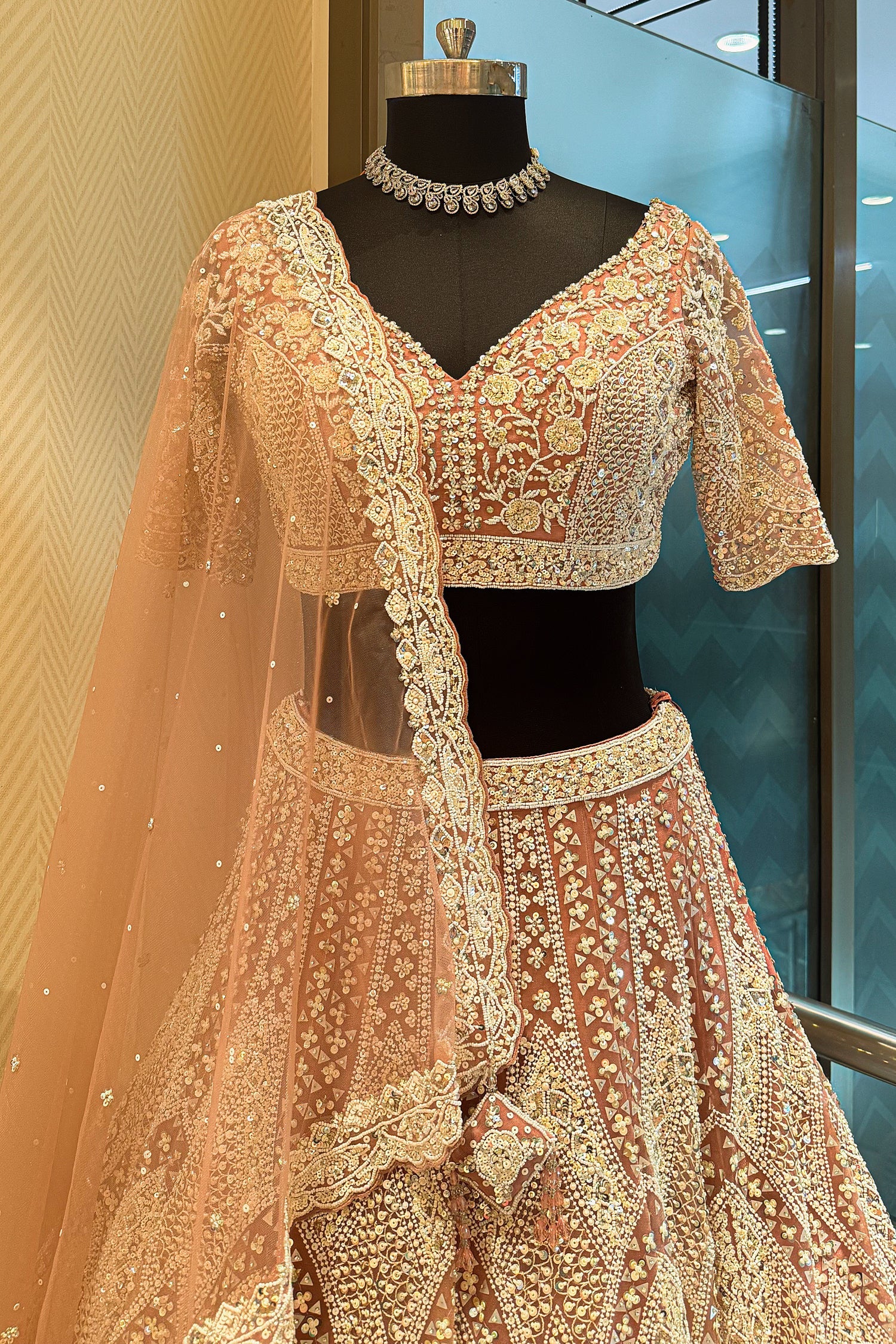 Dusty Rose Pink Net Designer Handoworked Lehenga - Image 4