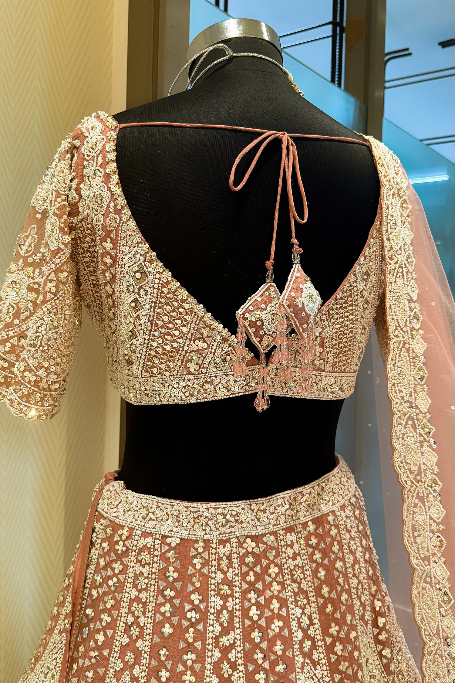 Dusty Rose Pink Net Designer Handoworked Lehenga - Image 5