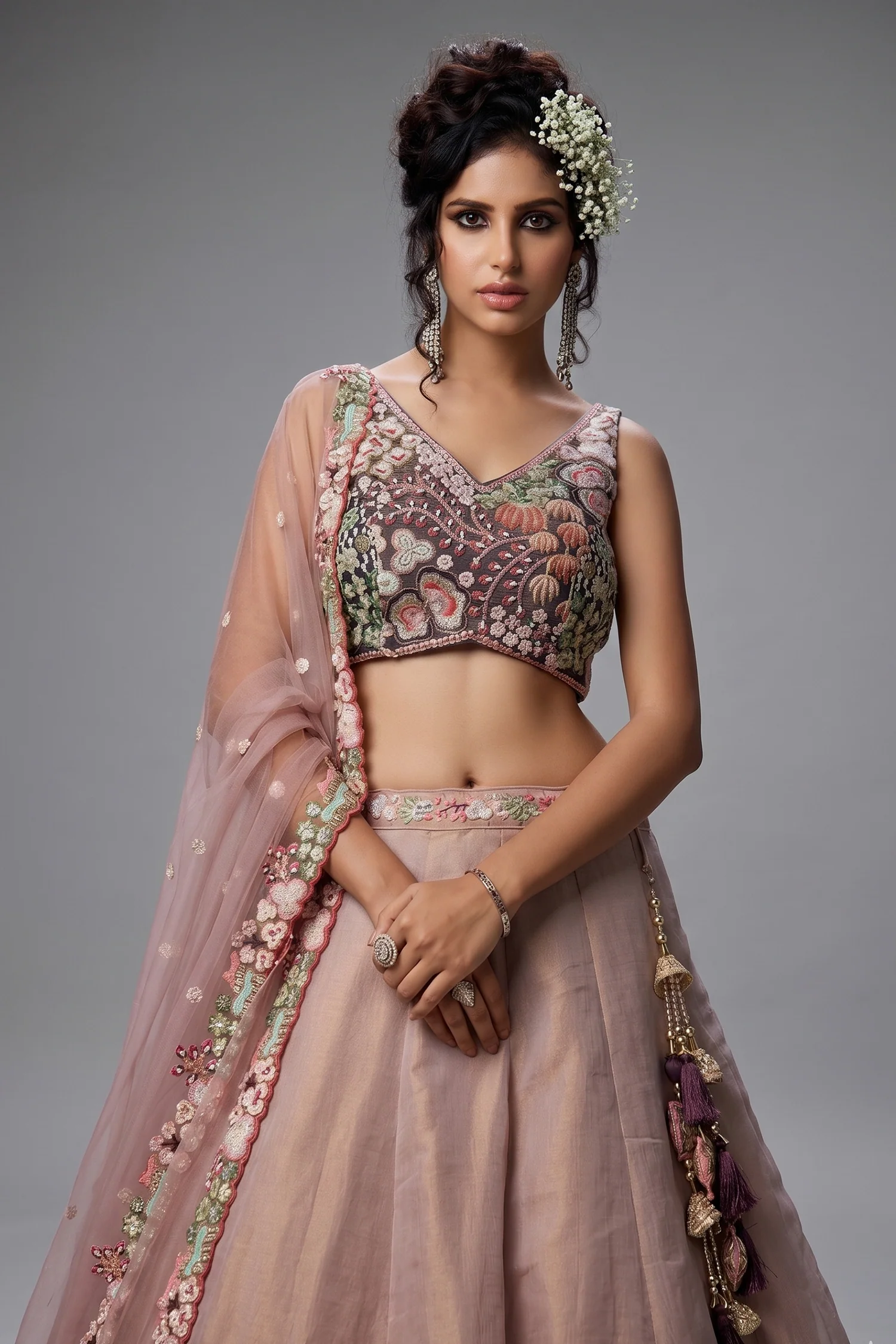 Faded Peach Net Designer Floral Embroidery and Sequin Work Lehenga with Contrast Border - Image 2