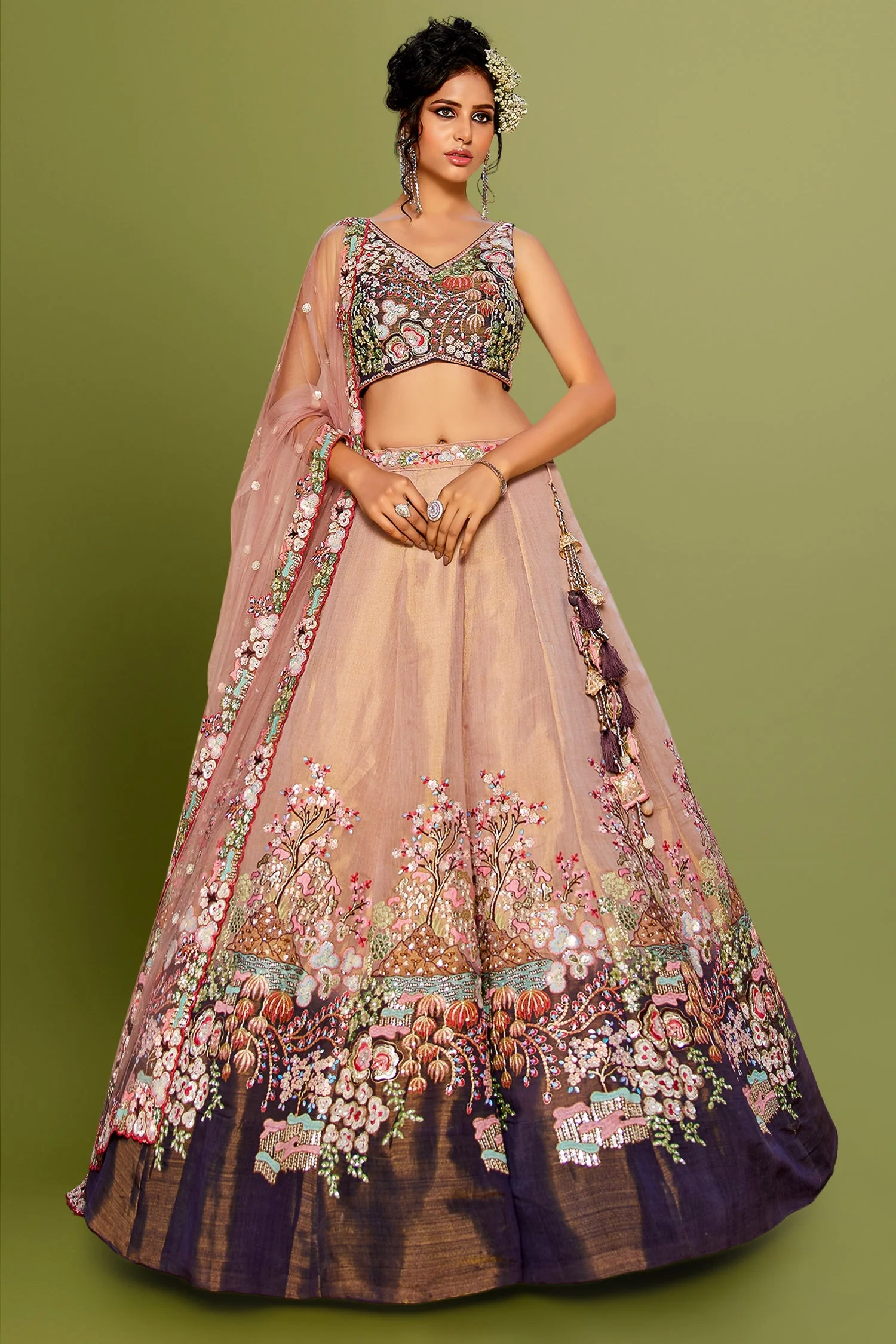 Faded Peach Net Designer Floral Embroidery and Sequin Work Lehenga with Contrast Border - Image 3
