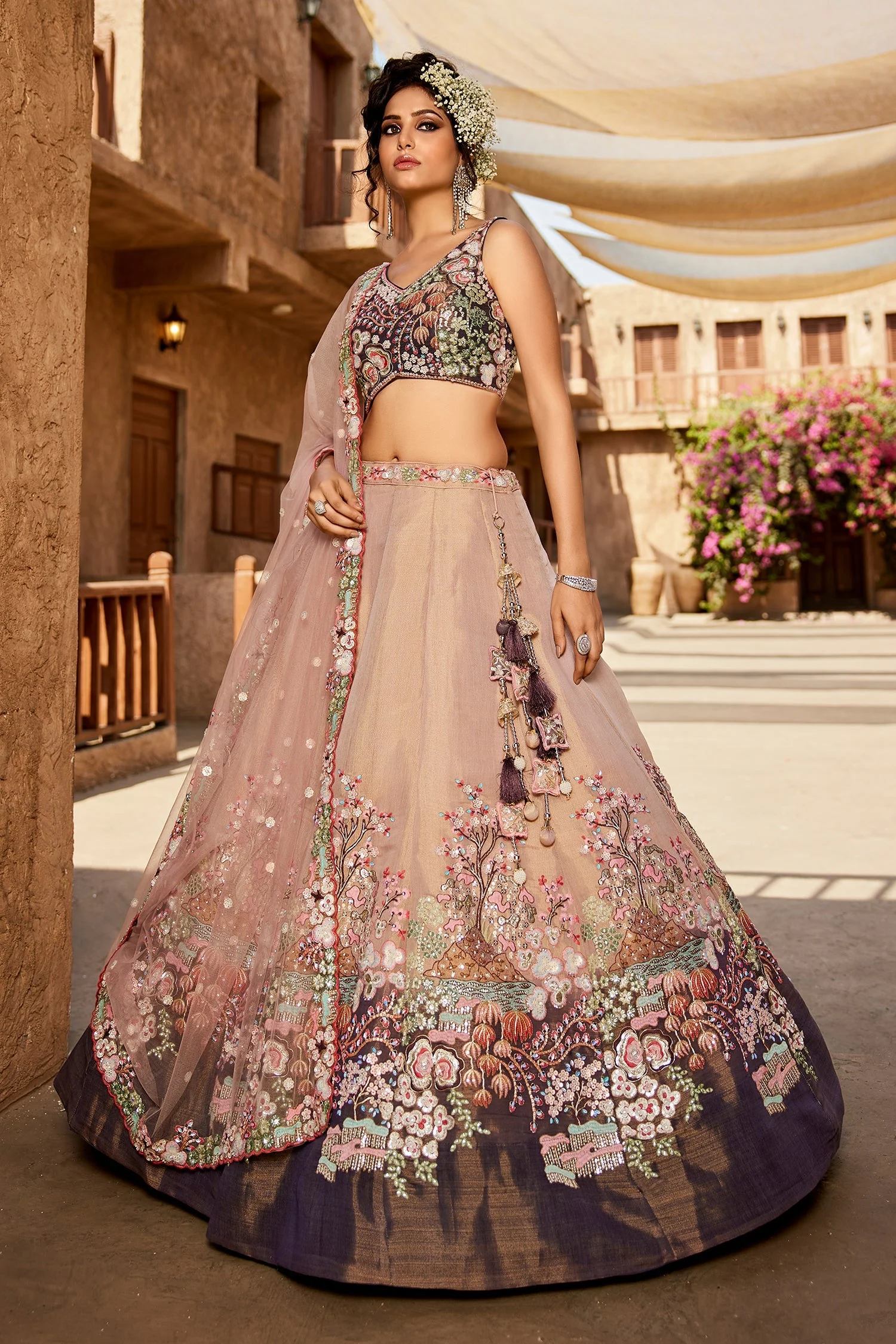 Faded Peach Net Designer Floral Embroidery and Sequin Work Lehenga with Contrast Border - Image 4