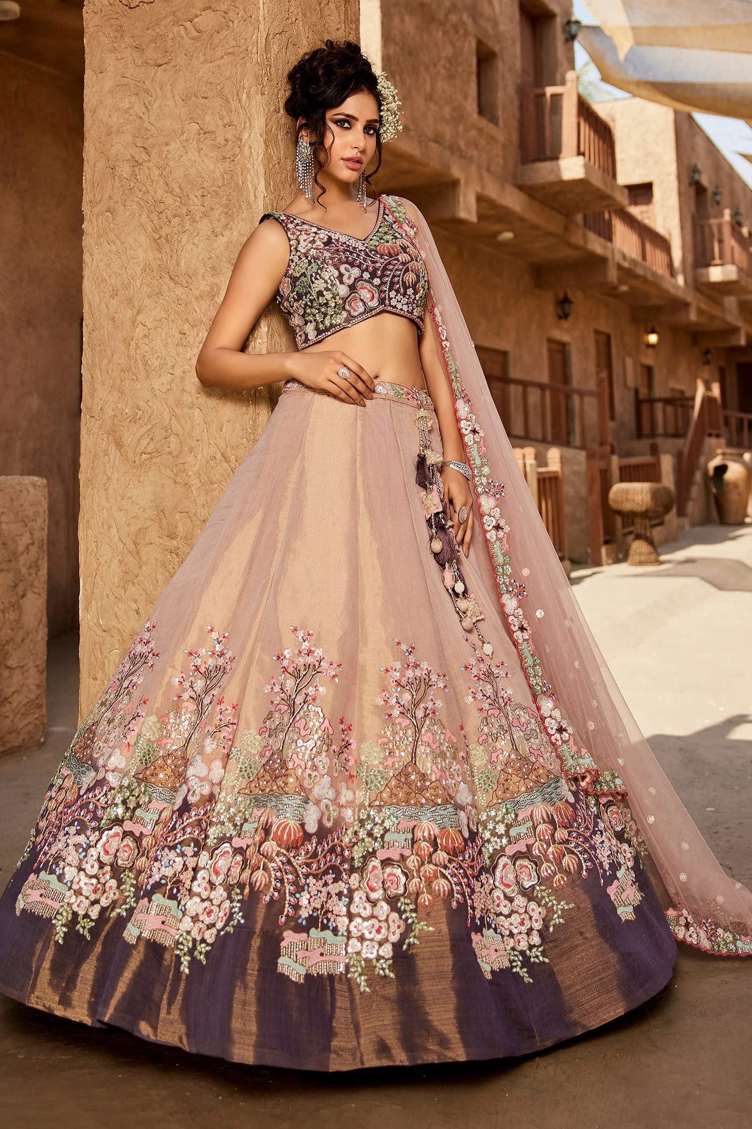Faded Peach Net Designer Floral Embroidery and Sequin Work Lehenga with Contrast Border - Image 5