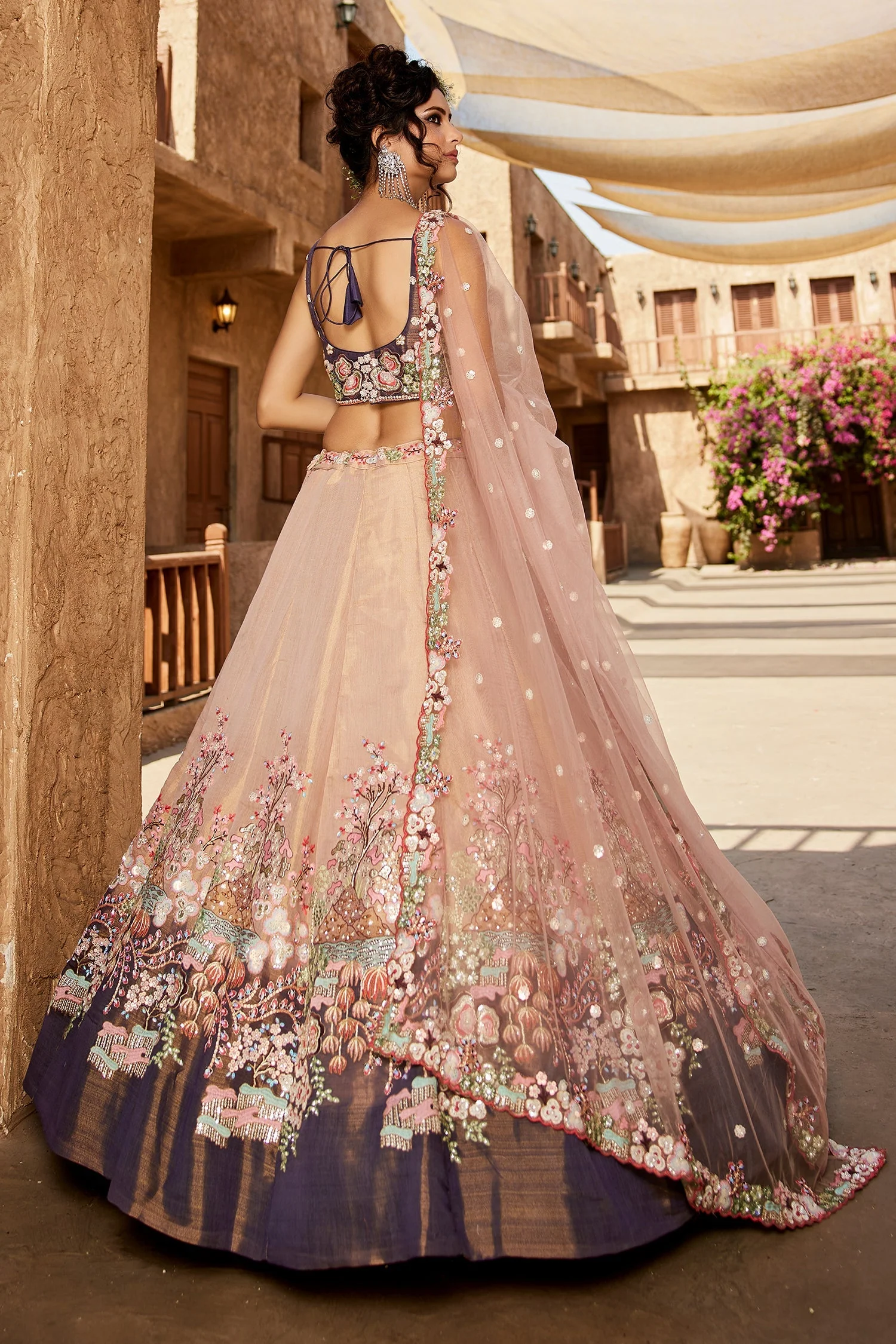 Faded Peach Net Designer Floral Embroidery and Sequin Work Lehenga with Contrast Border - Image 6