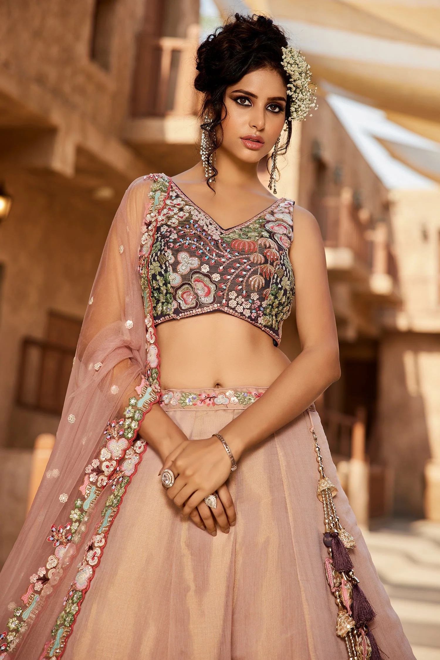 Faded Peach Net Designer Floral Embroidery and Sequin Work Lehenga with Contrast Border - Image 7