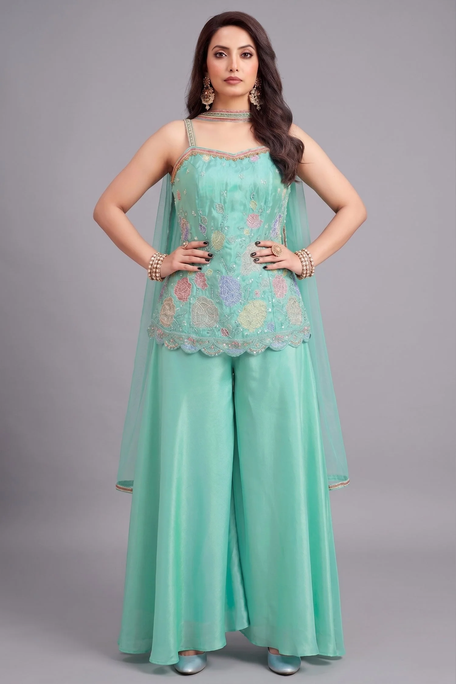 Firozi Crepe Silk Beaded Floral Worked Palazzo Suit