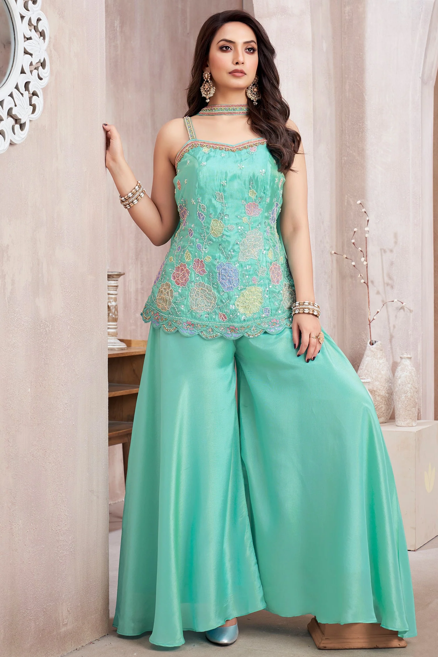 Firozi Crepe Silk Beaded Floral Worked Palazzo Suit - Image 3