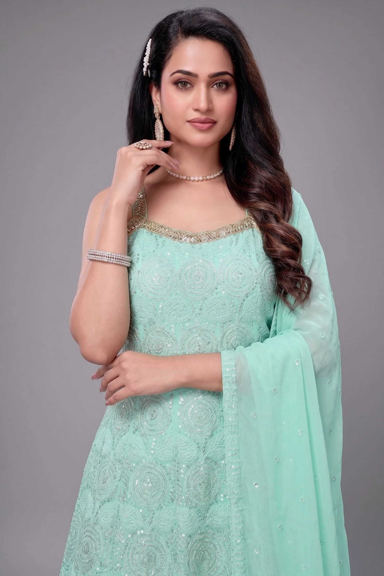 Firozi Georgette Floral Embroidery and Sequin Worked Anarkali Suit - Image 2