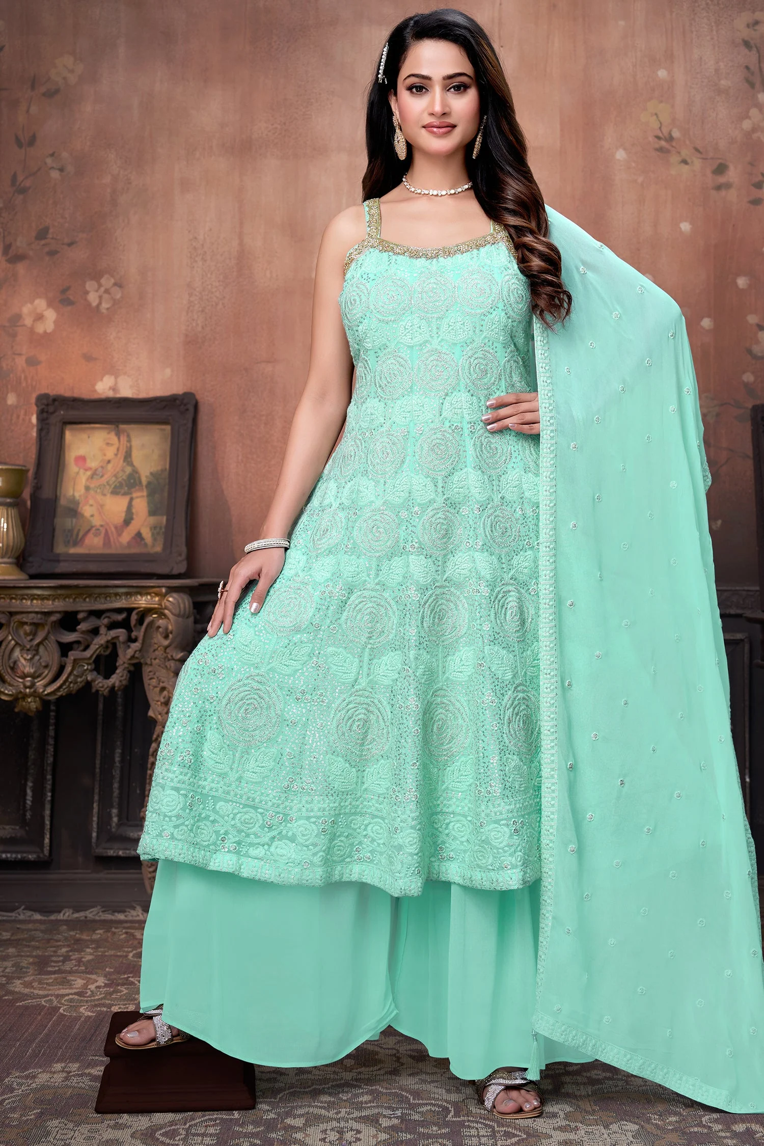Firozi Georgette Floral Embroidery and Sequin Worked Anarkali Suit - Image 3
