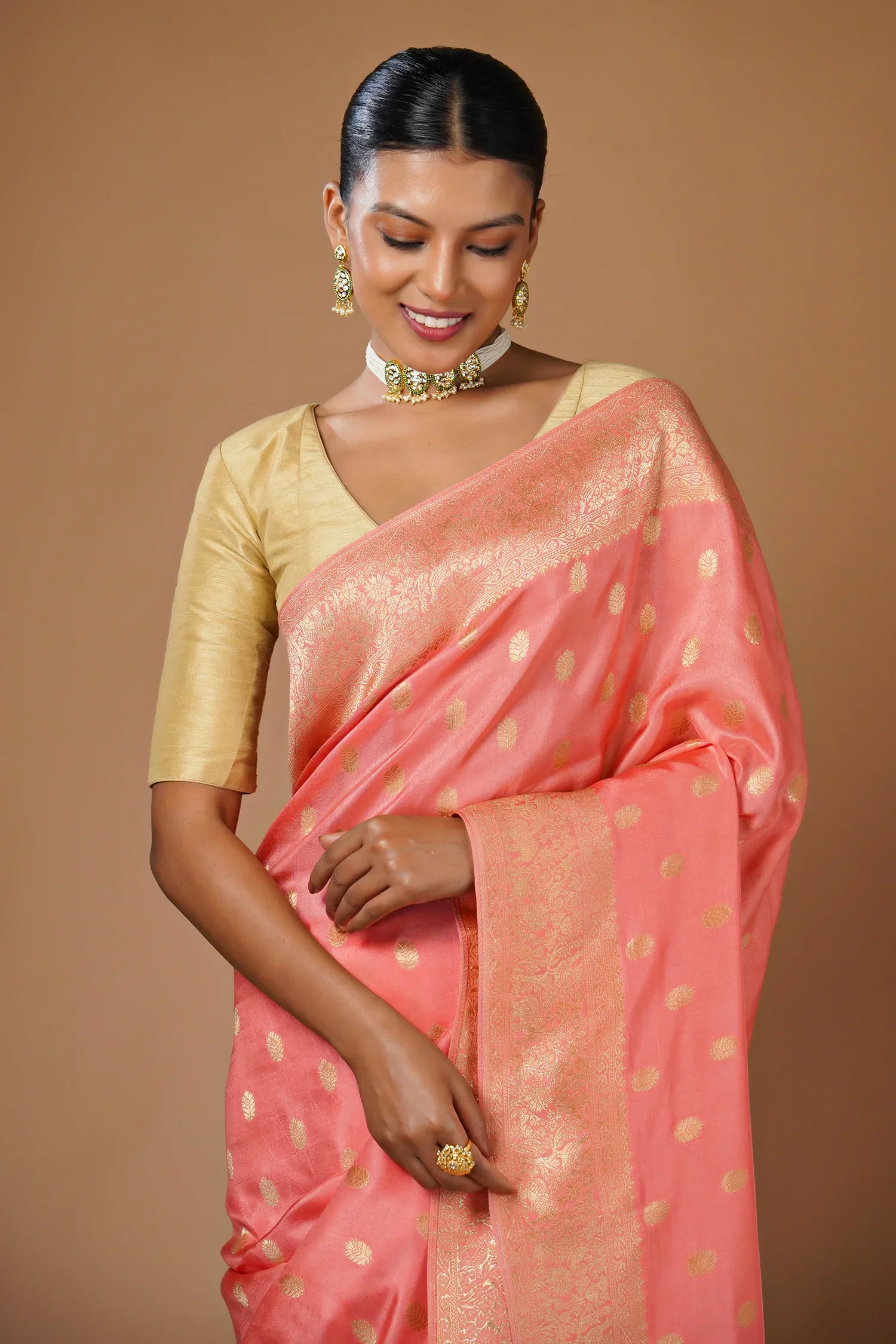 Flamingo Pink Woven Butti Saree in Muga Silk with Elephant and Peacock Motifs - Image 3