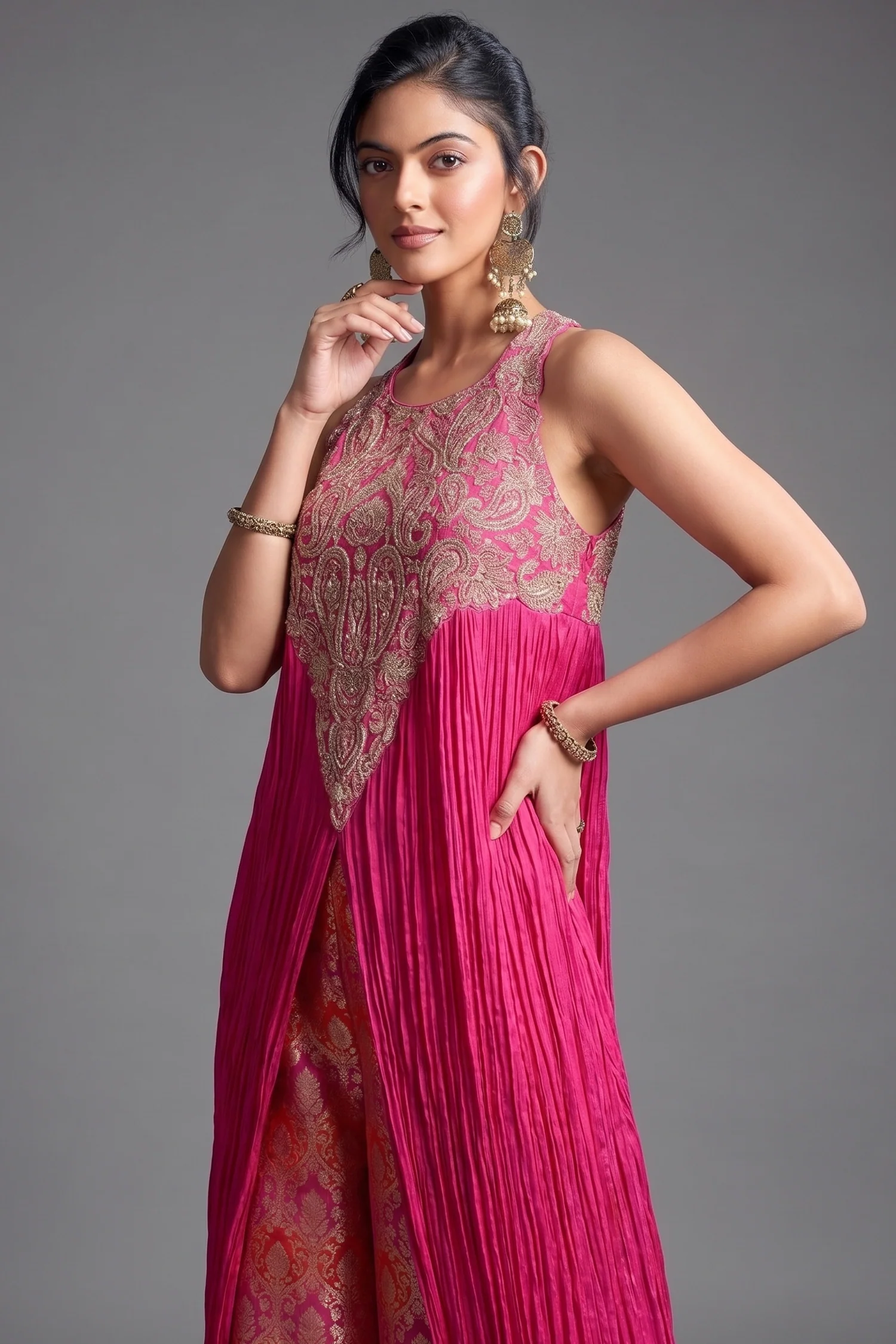 Fuchsia Pink Chiffon Chinon Slit Cut Top and Palazzo Set with Embroidery - Image 2