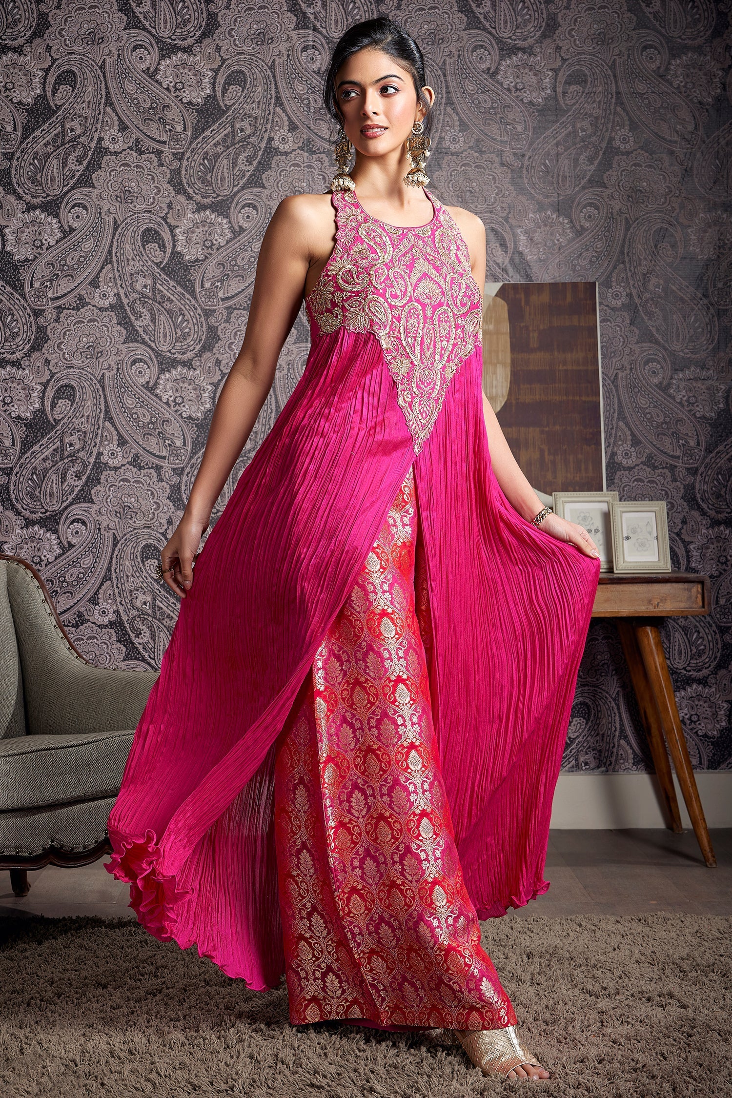 Fuchsia Pink Chiffon Chinon Slit Cut Top and Palazzo Set with Embroidery - Image 3