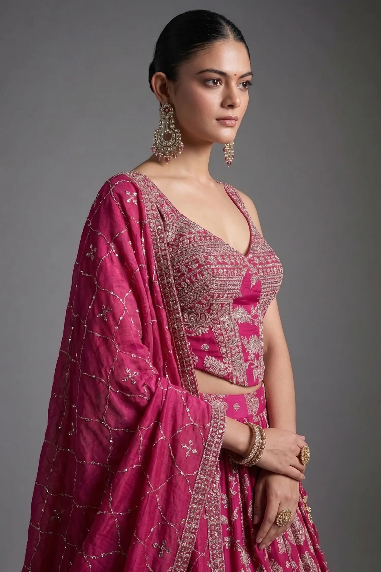 Fuchsia Pink Organza Floral Woven Pleated Lehenga with Corset - Image 2