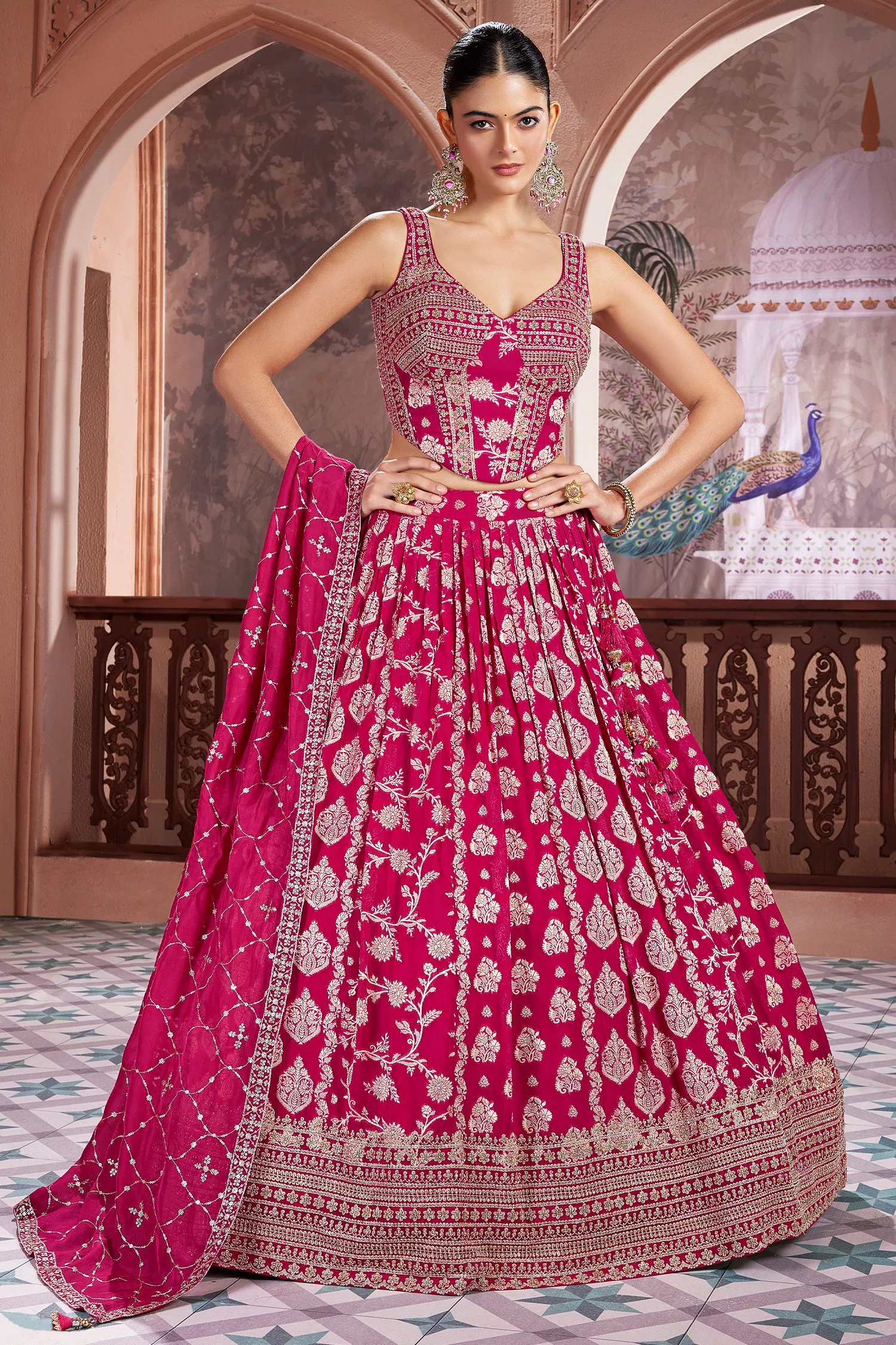 Fuchsia Pink Organza Floral Woven Pleated Lehenga with Corset - Image 3