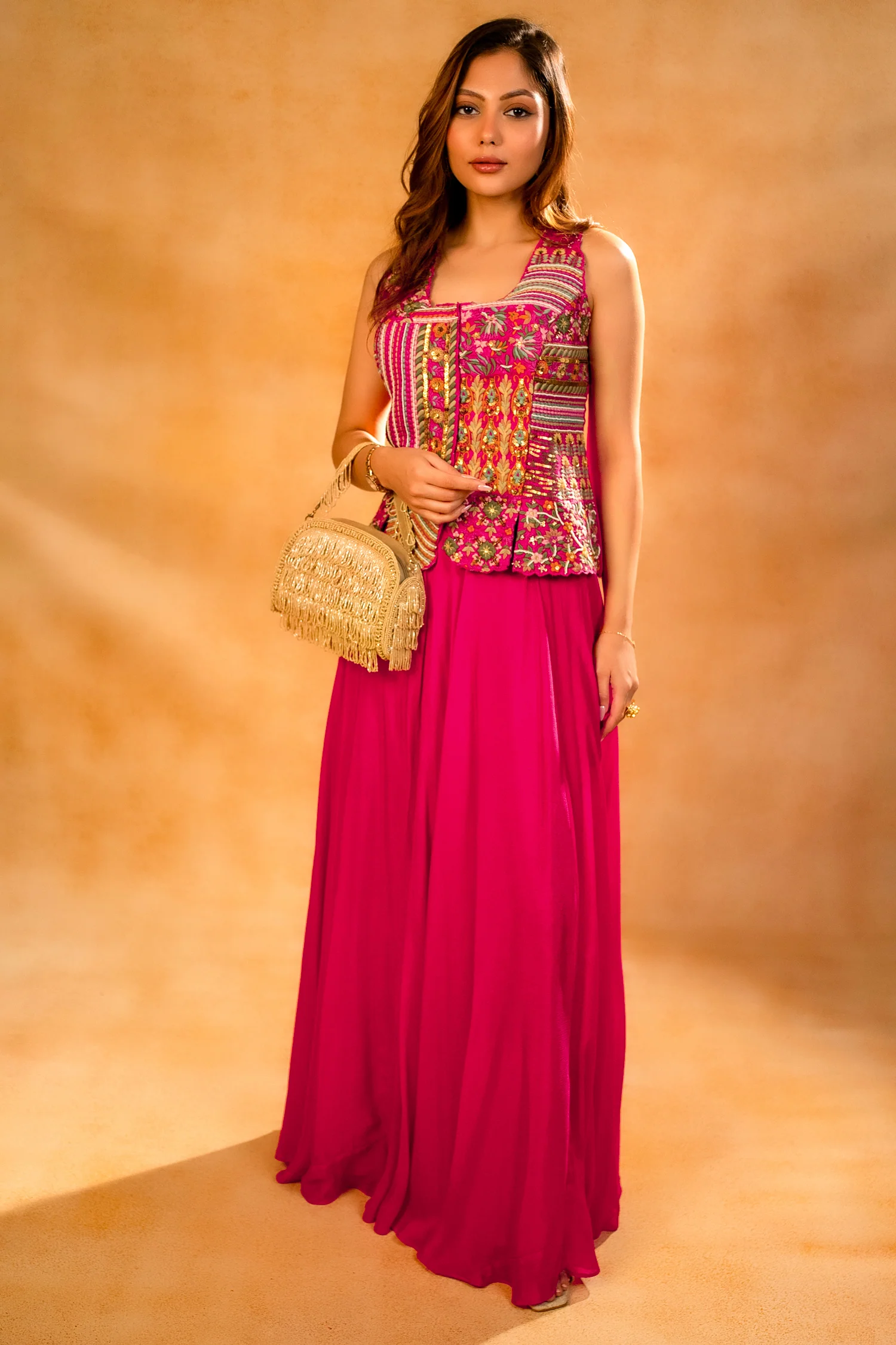 Fuschia Pink Silk Embroidered Top and Palazzo Set - Image 3