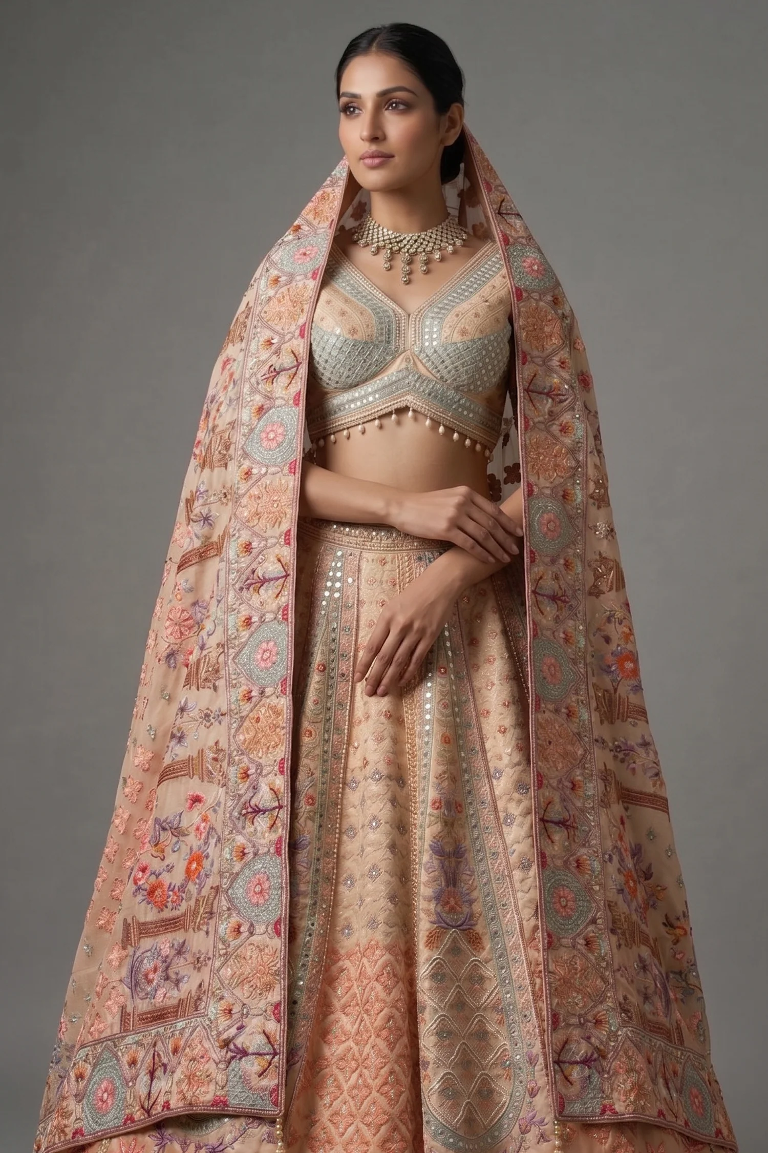 Gilded Floral Tissue Silk Lehenga with Multi-Hue Hand-Embroidery and Architectural Cutdana - Image 2