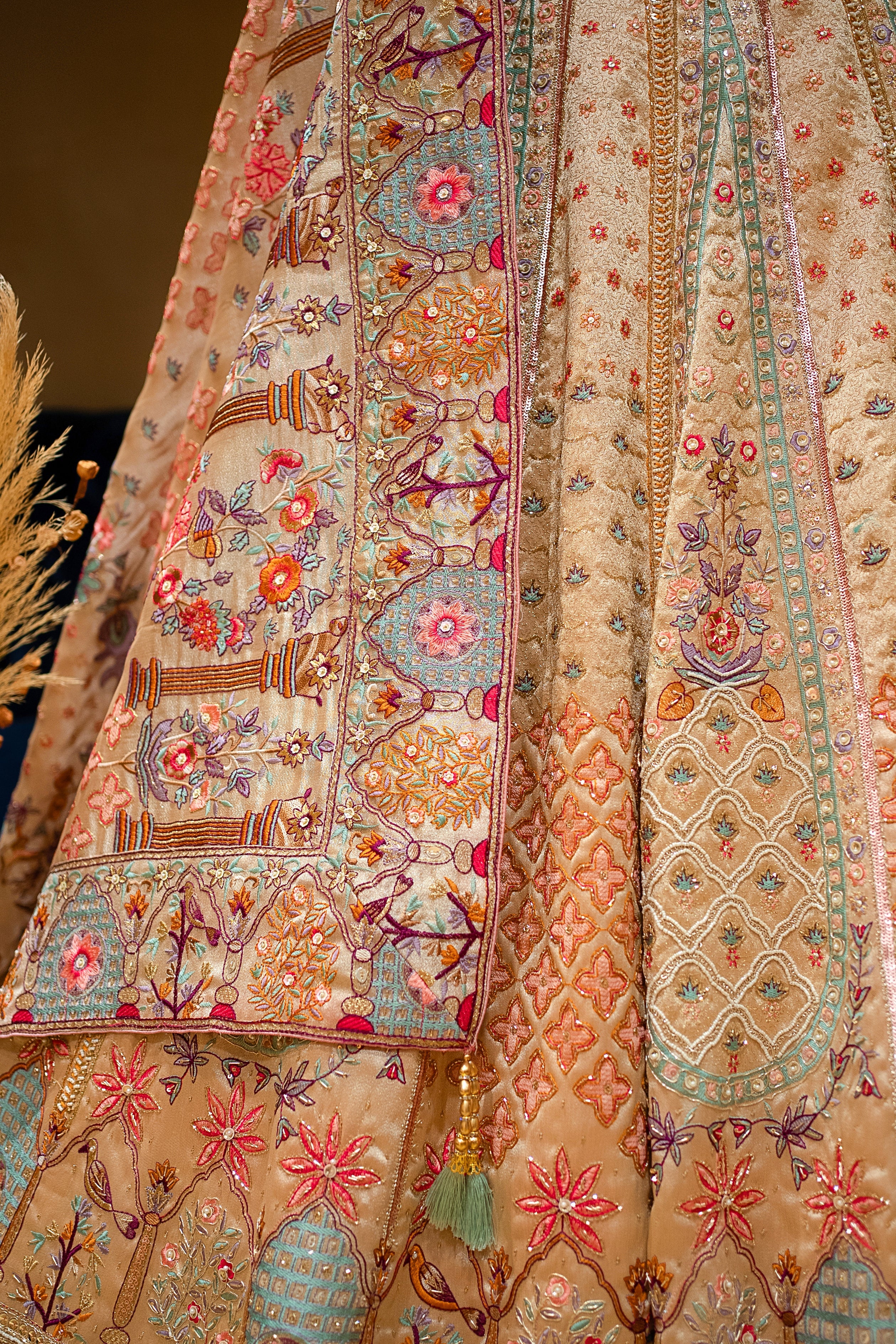 Gilded Floral Tissue Silk Lehenga with Multi-Hue Hand-Embroidery and Architectural Cutdana - Image 5
