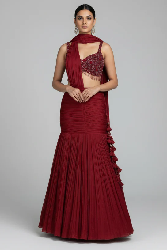 Glamorous Maroon Embellished Fishcut Lehenga Set