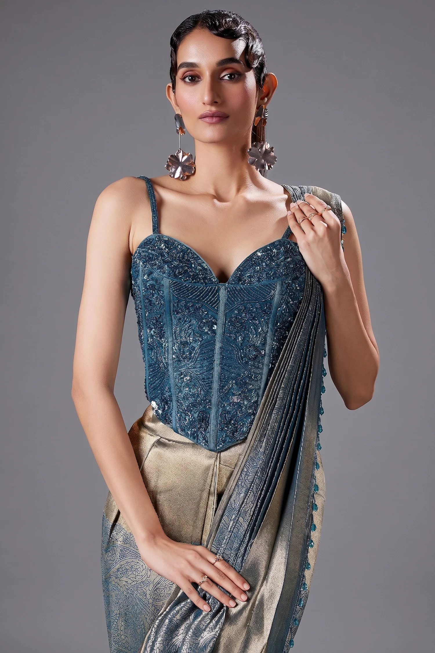 Golden and Blue Tissue Printed Pre Draped Saree with Beaded and Sequin Worked Corset - Image 2