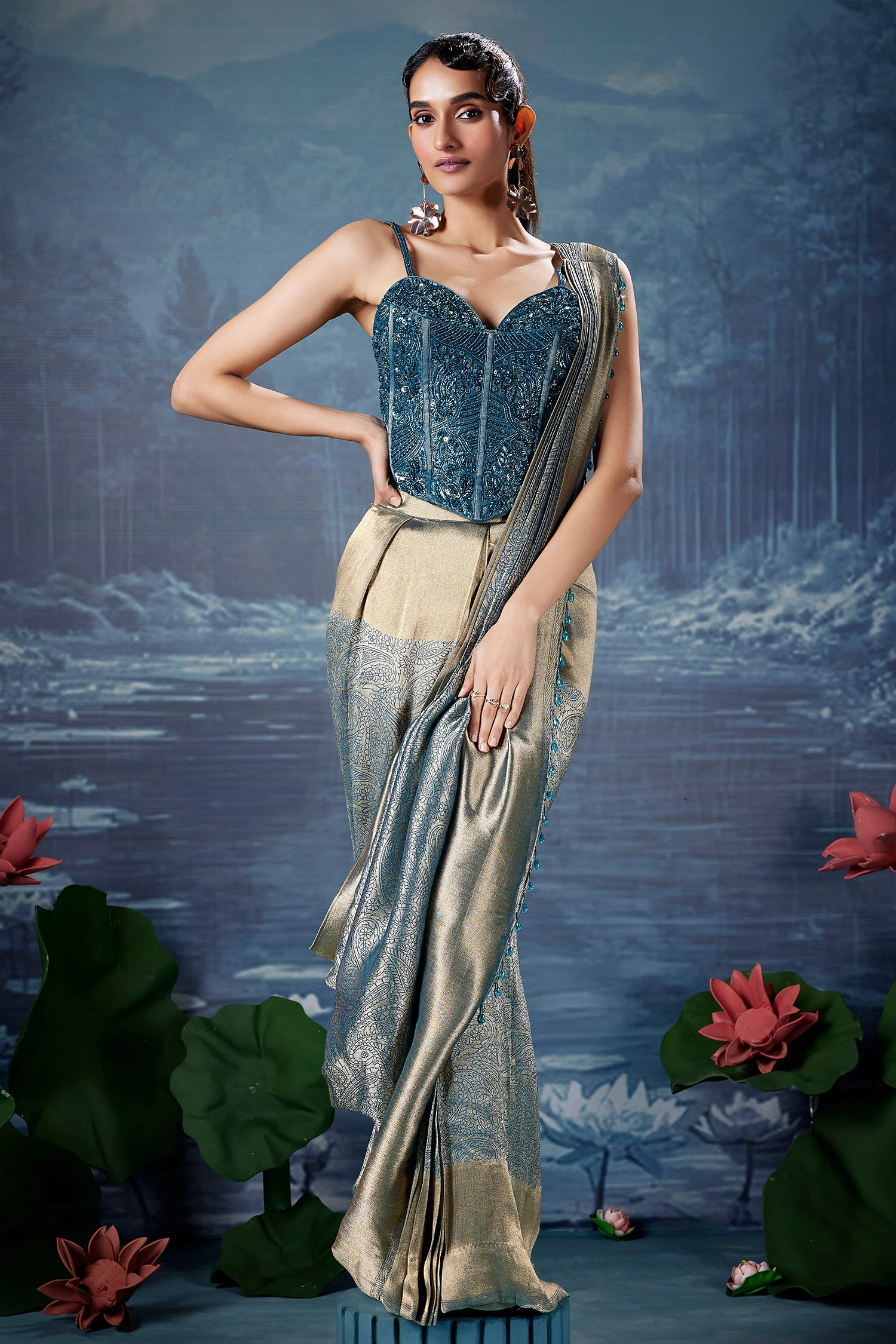 Golden and Blue Tissue Printed Pre Draped Saree with Beaded and Sequin Worked Corset - Image 3