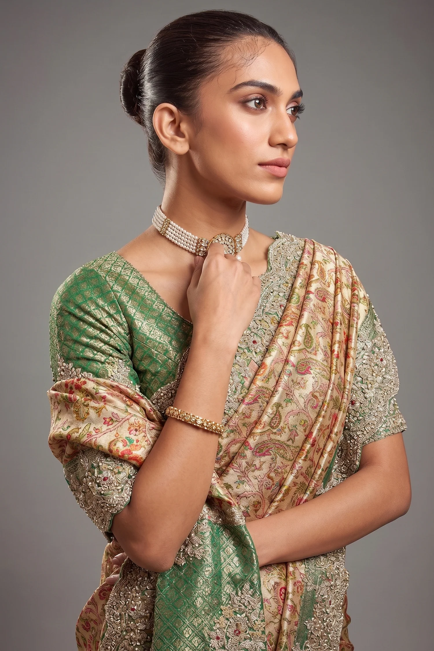 Golden and Green Silk Woven Saree with Embroidery - Image 2