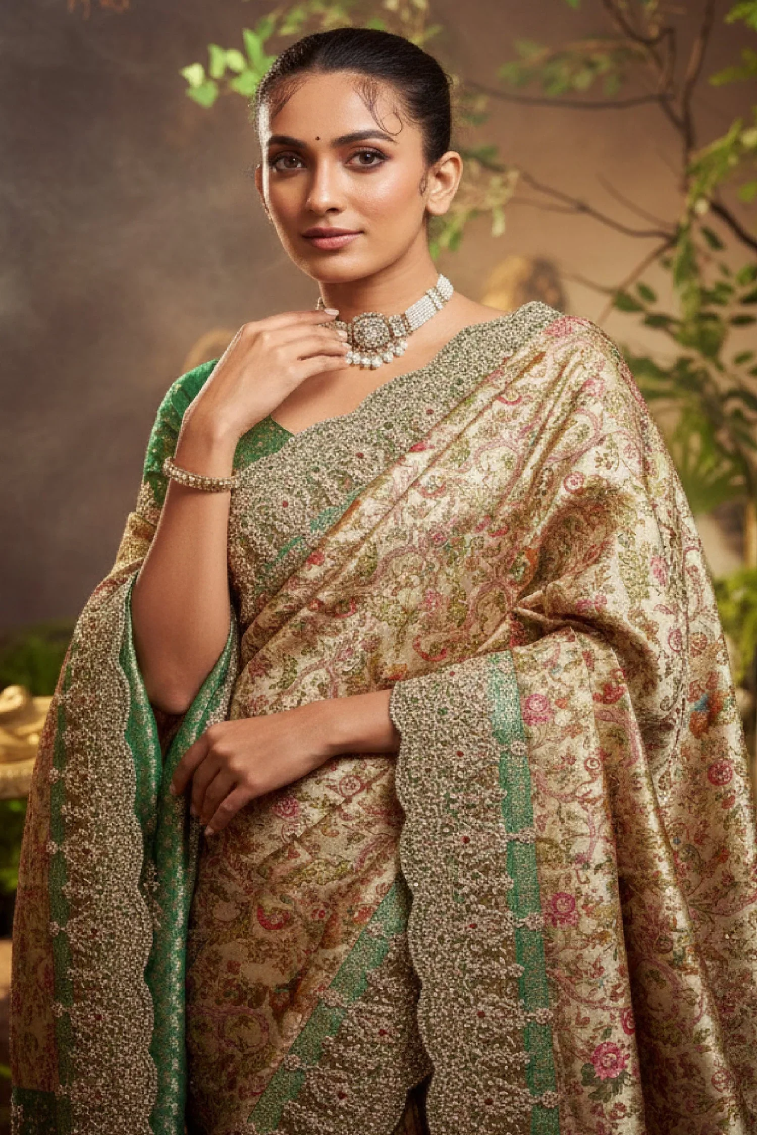 Golden and Green Silk Woven Saree with Embroidery - Image 3