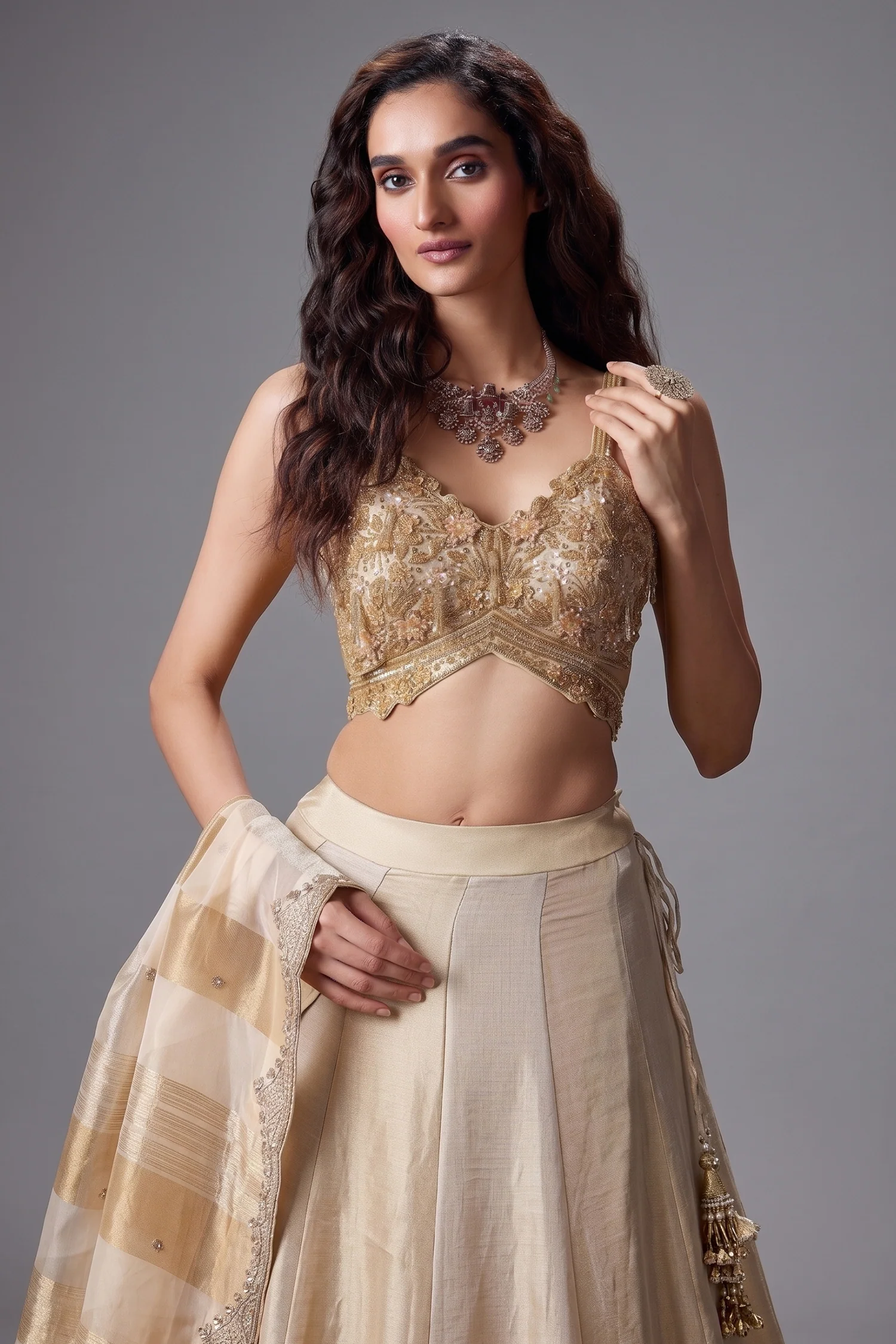 Golden and Off White Tissue Lehenga with Beaded Cutdana Worked Blouse - Image 2