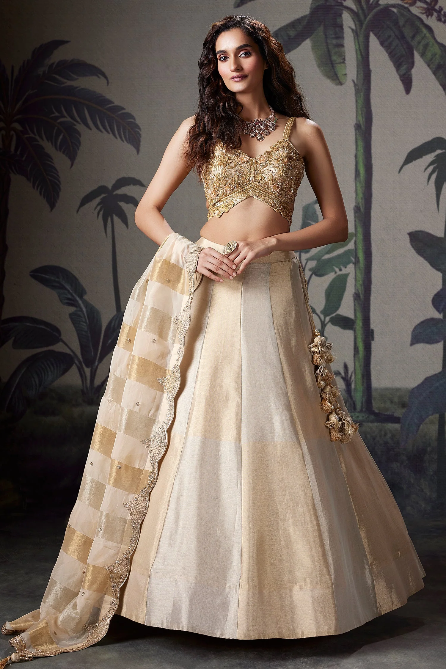 Golden and Off White Tissue Lehenga with Beaded Cutdana Worked Blouse - Image 3