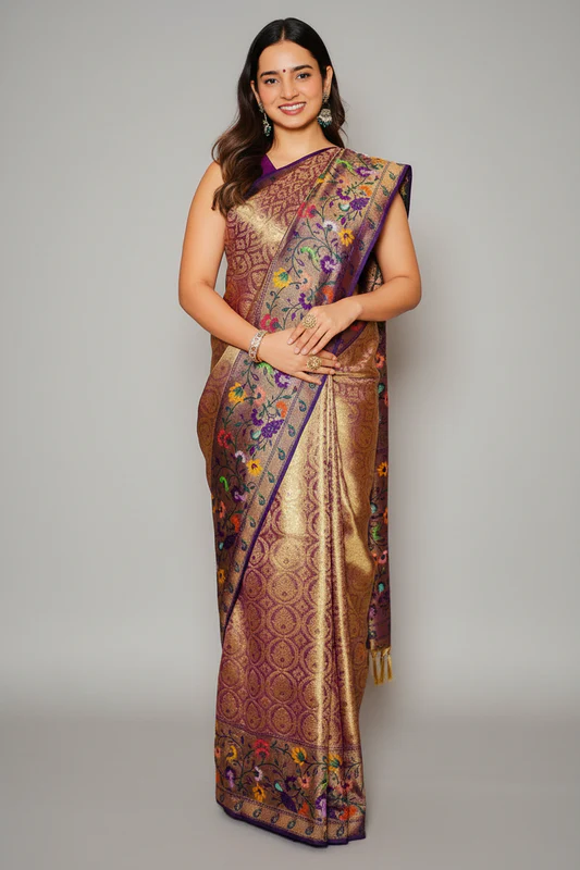 Golden and Purple Tissue Silk Woven Saree with Paithani Border and Pallu